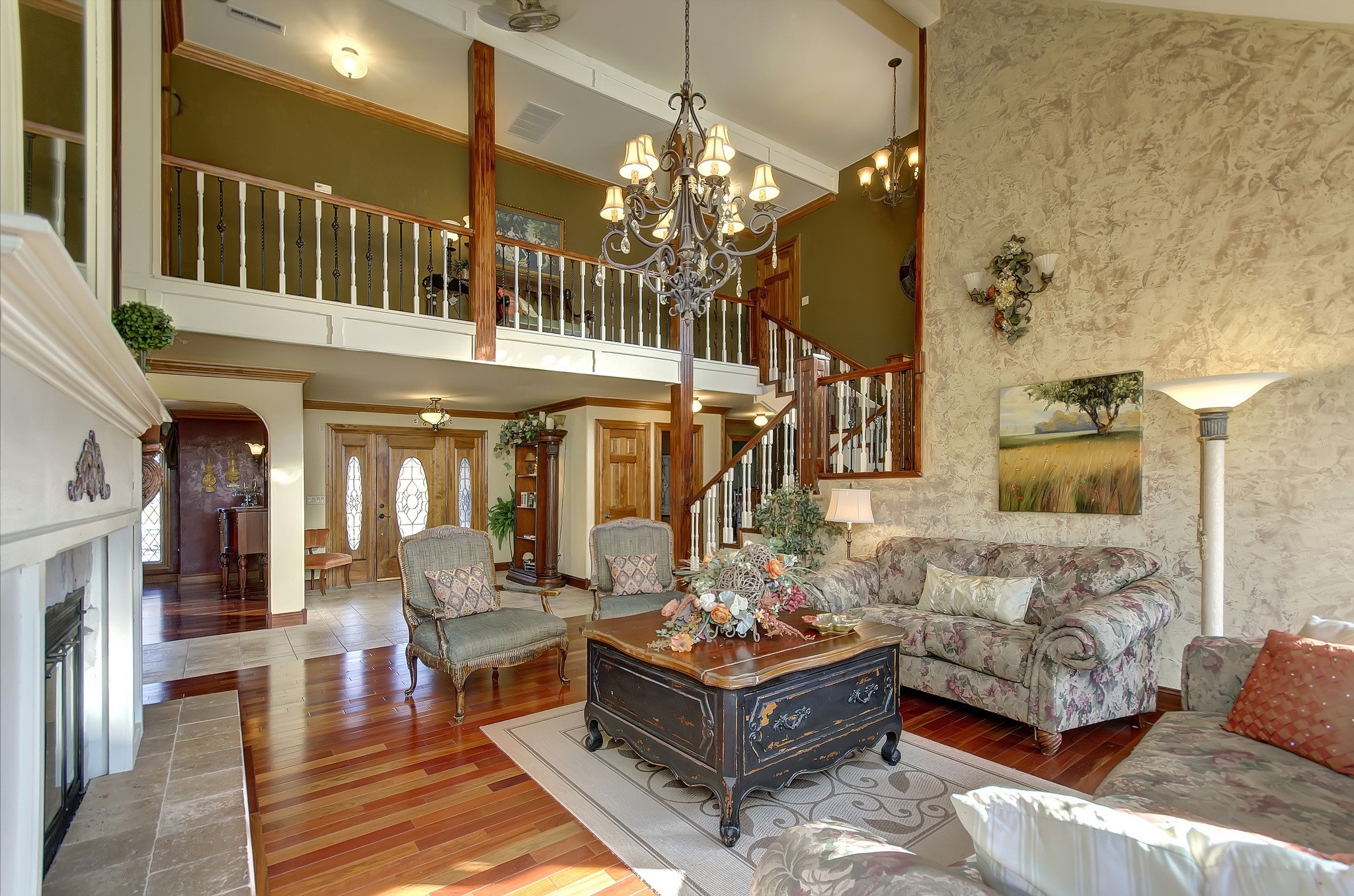 Living room with chandelier and sofa HD Wallpaper