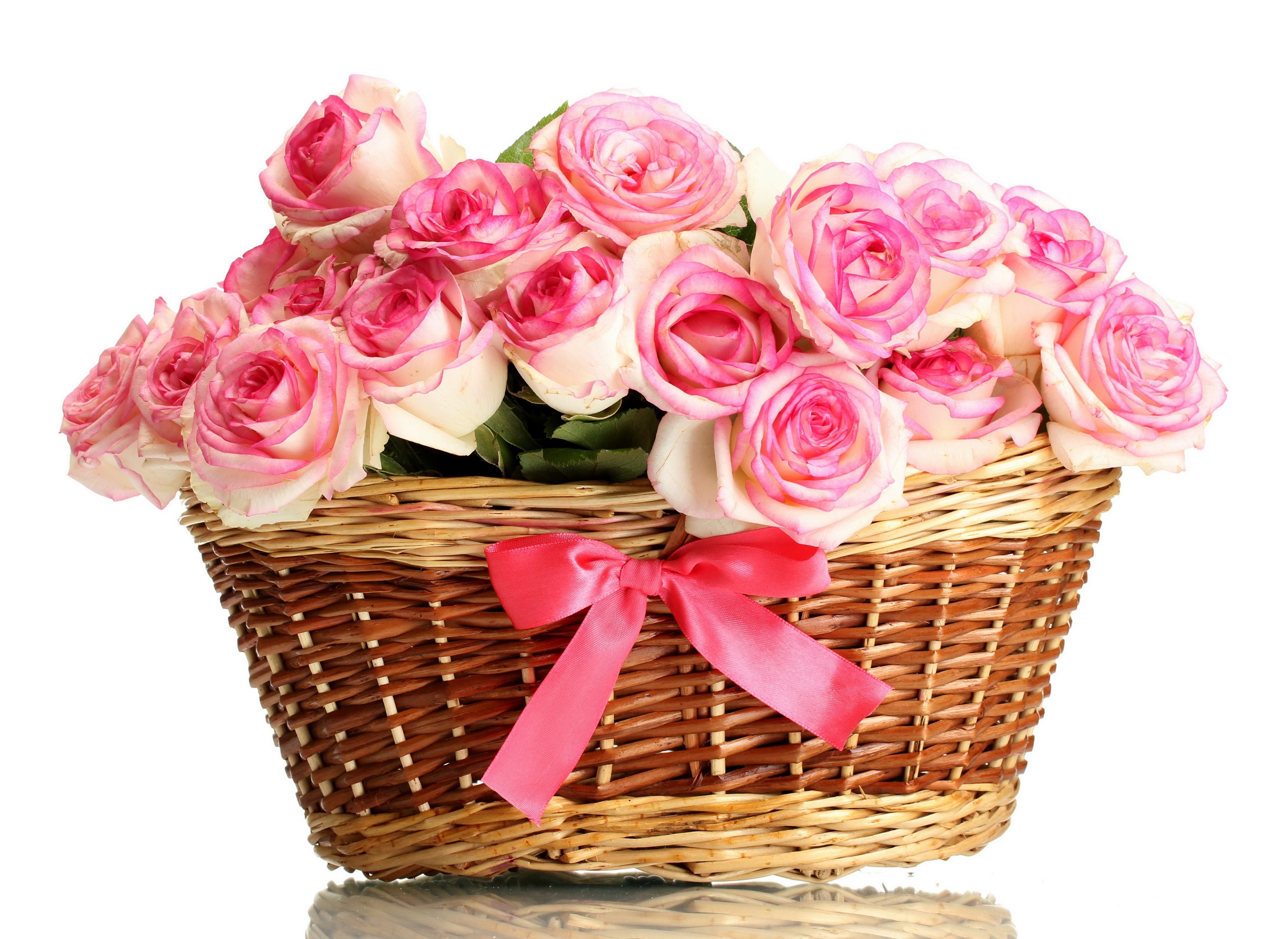 Pink Roses in a Wicker Basket with Pink Bow HD Wallpaper