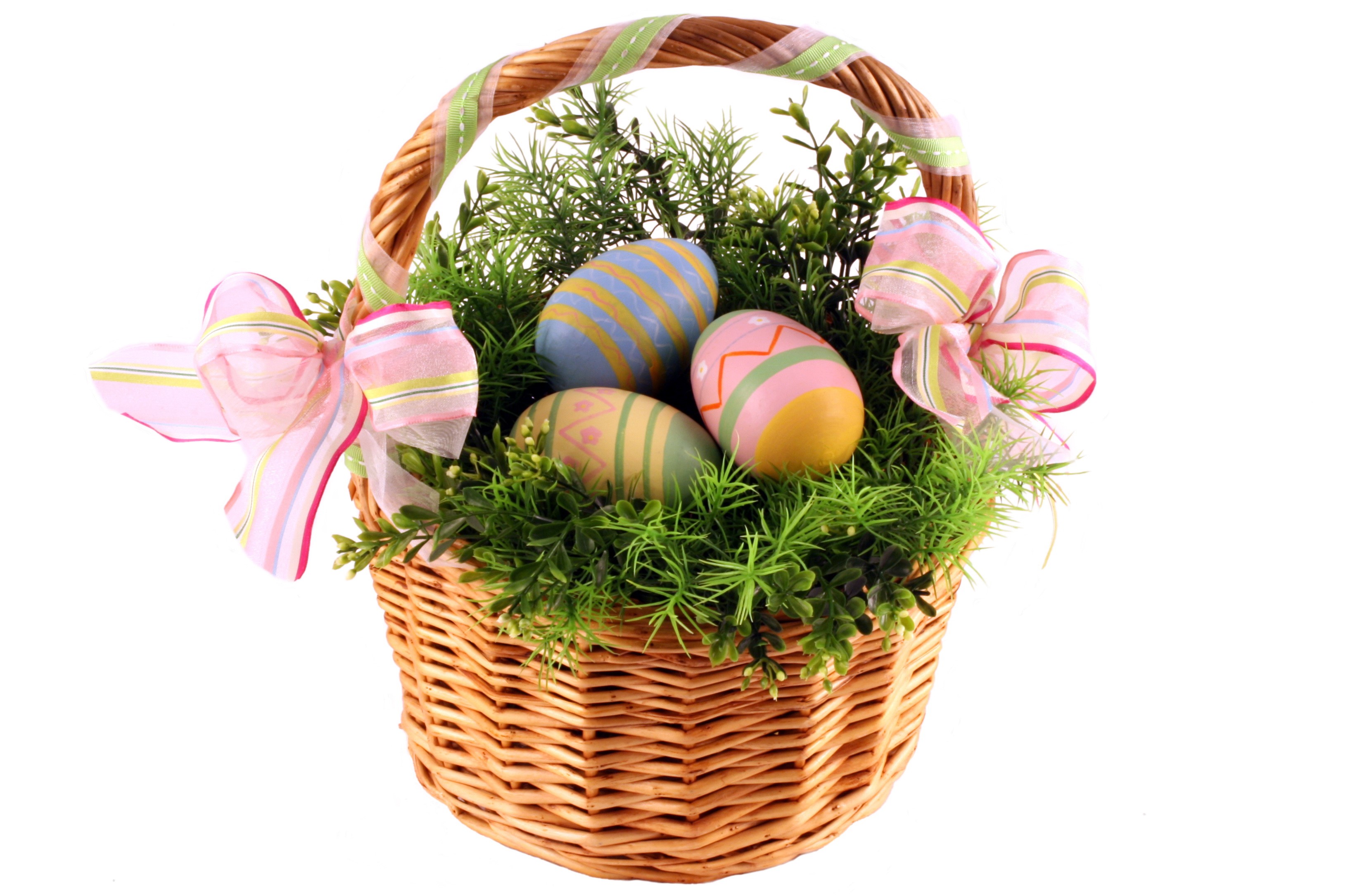 Easter basket with decorated eggs and bows HD Wallpaper