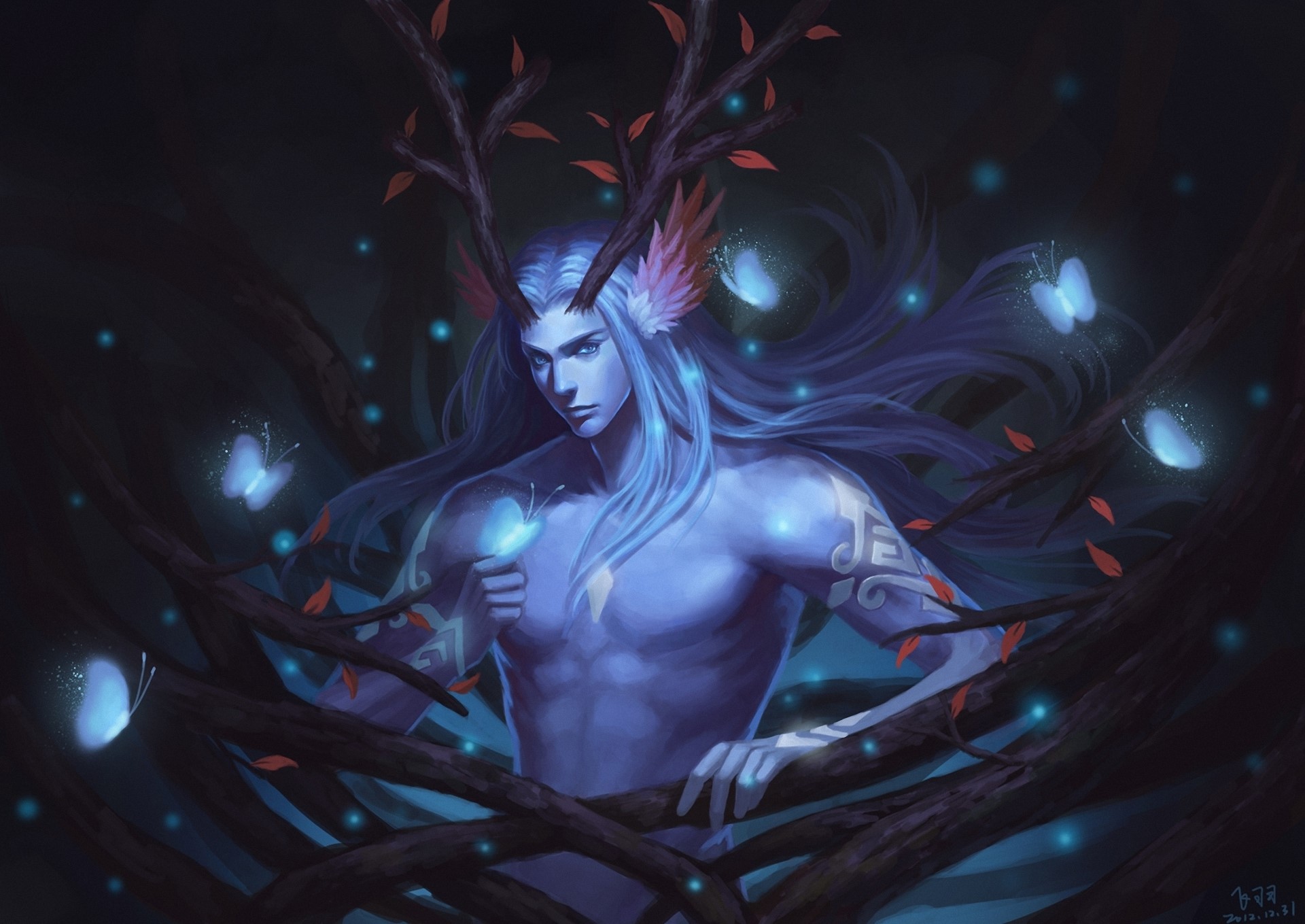 Blue-skinned man with antlers and butterflies HD Wallpaper