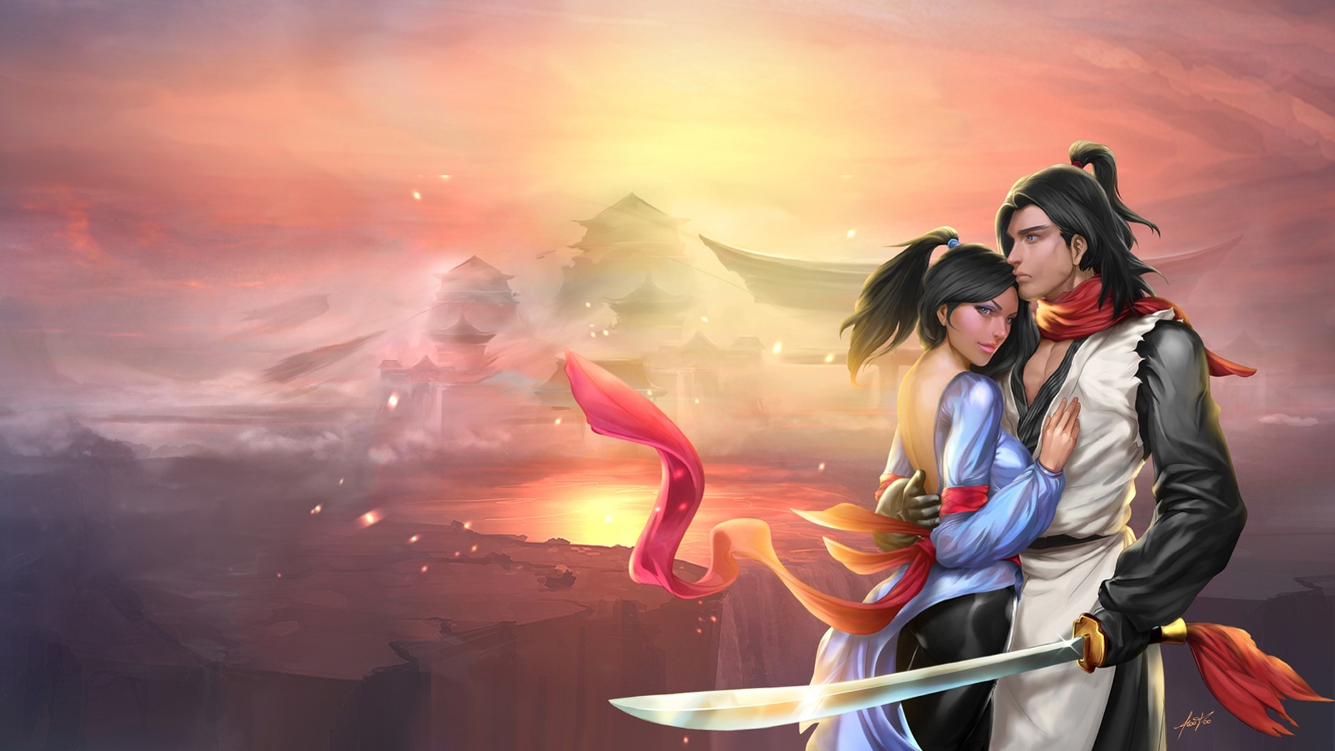 Couple embracing with swords and Asian architecture at sunset HD Wallpaper
