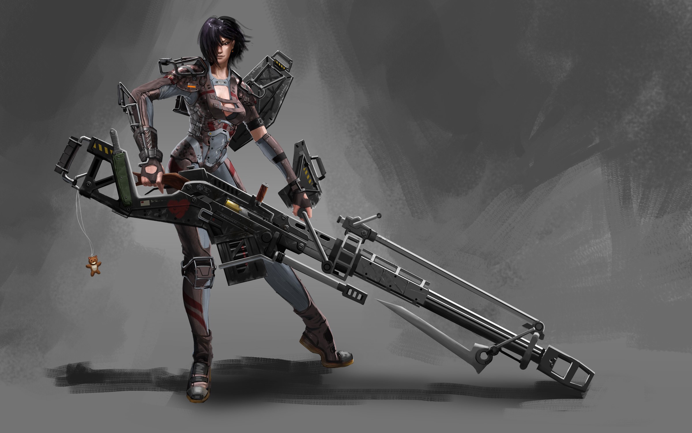 Woman with a large weapon and teddy bear charm HD Wallpaper