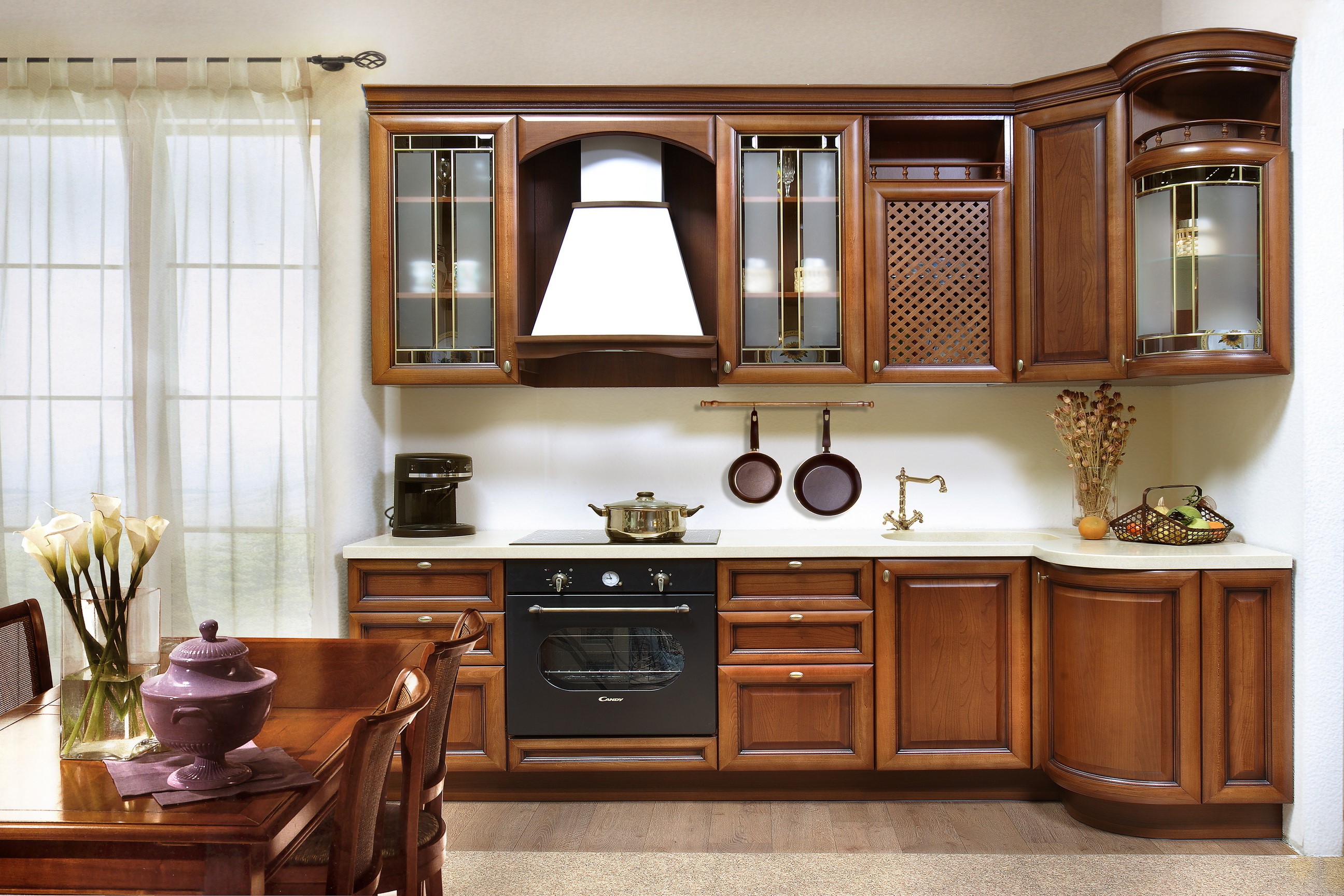 Modern wooden kitchen with appliances and dining table HD Wallpaper