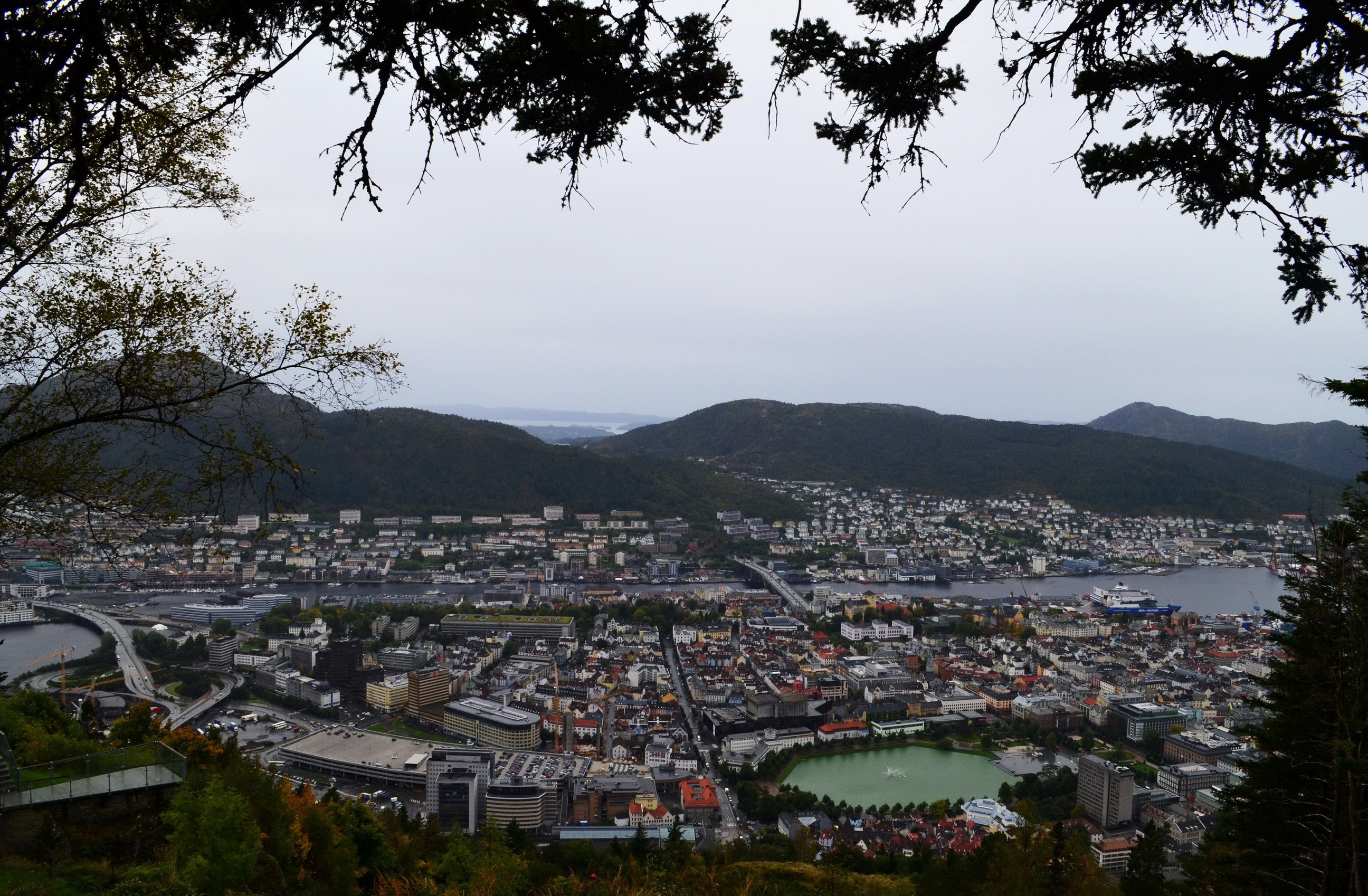 Aerial view of Bergen, Norway with mountains and water HD Wallpaper