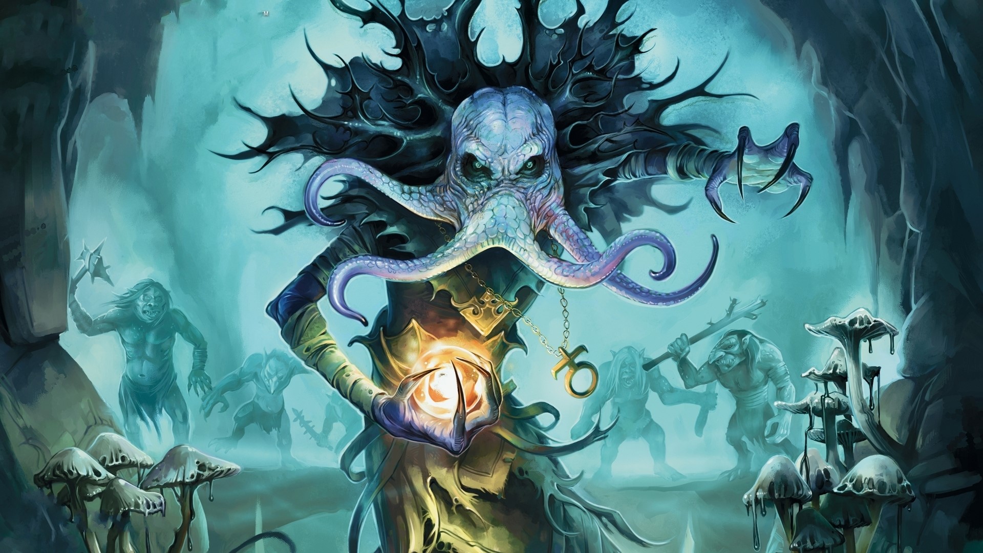 Tentacled creature holding a glowing orb with goblins behind HD Wallpaper