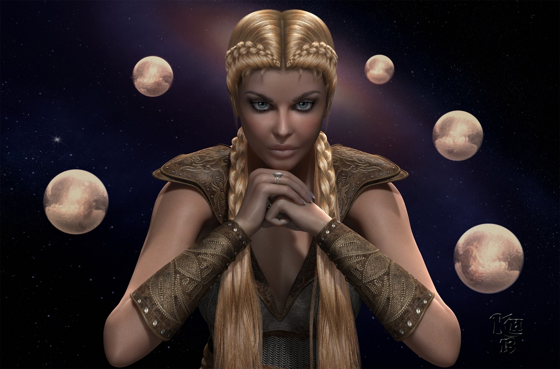 Blonde woman with braids in space with planets HD Wallpaper