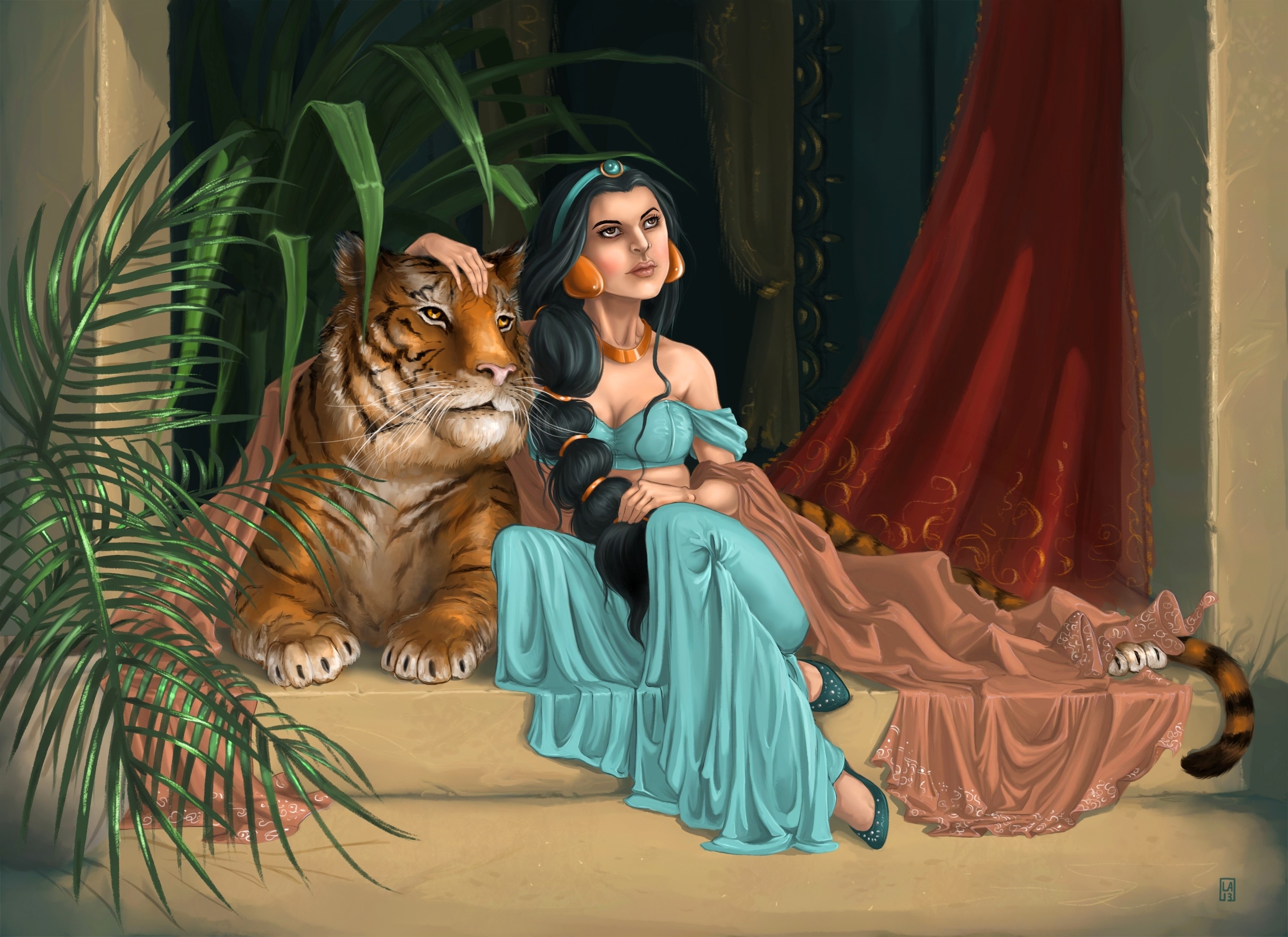 Princess Jasmine with Rajah the Tiger HD Wallpaper