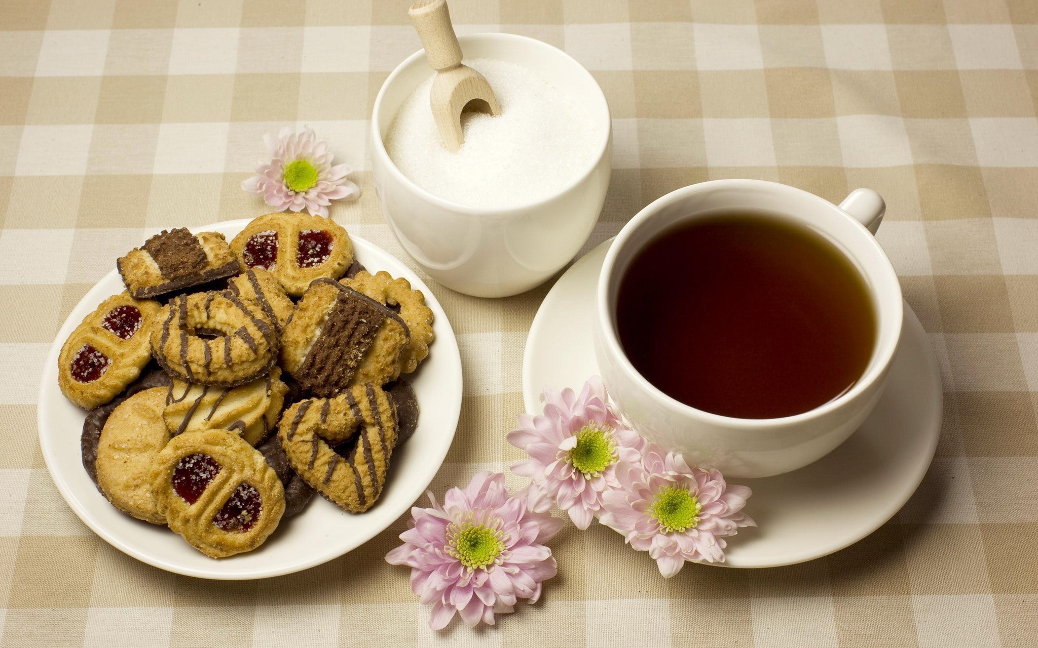 Tea, Cookies, Sugar, and Flowers HD Wallpaper