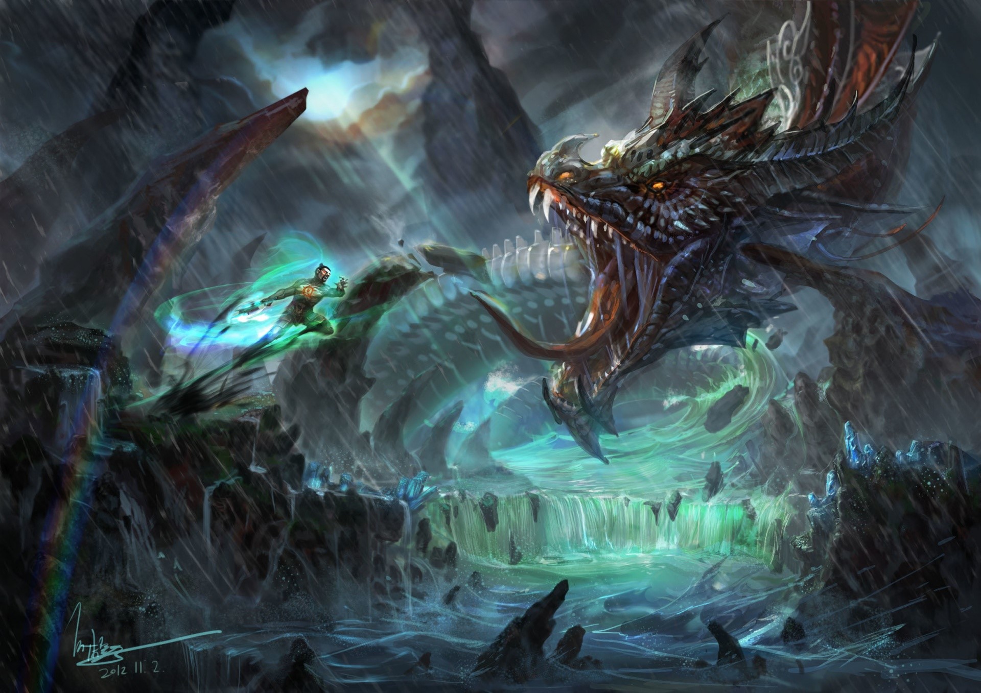 Man fights a dragon in a stormy, rocky landscape HD Wallpaper