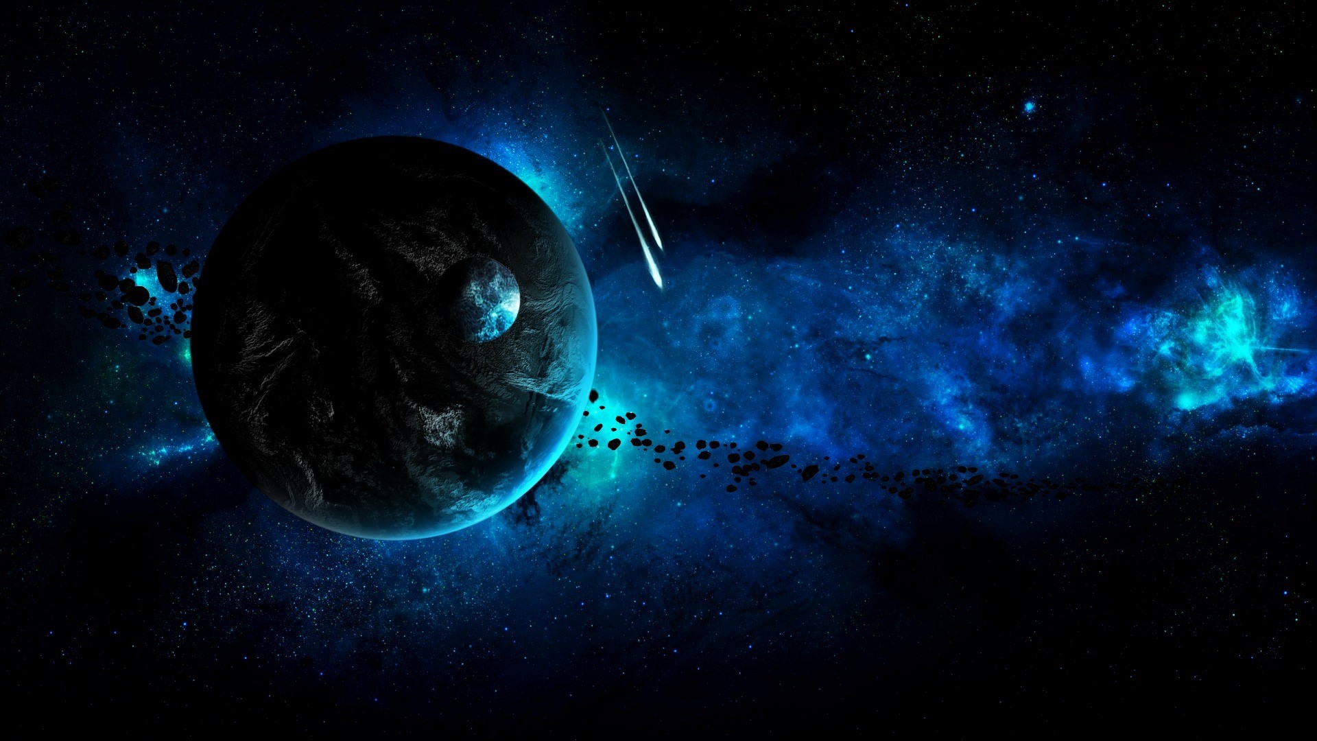 Planet and asteroids in a nebula HD Wallpaper