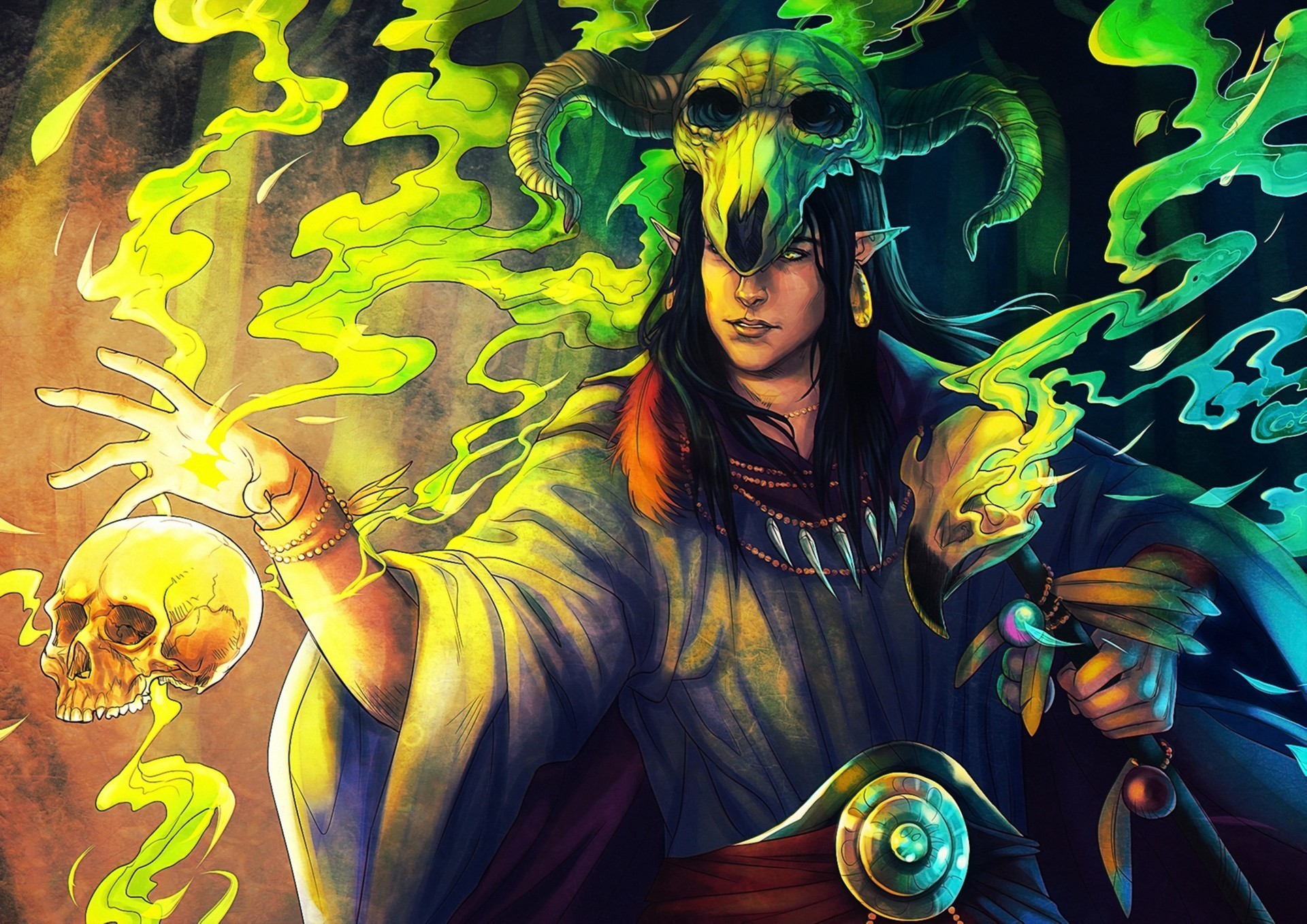 Man with skull helmet casting magic with skulls HD Wallpaper
