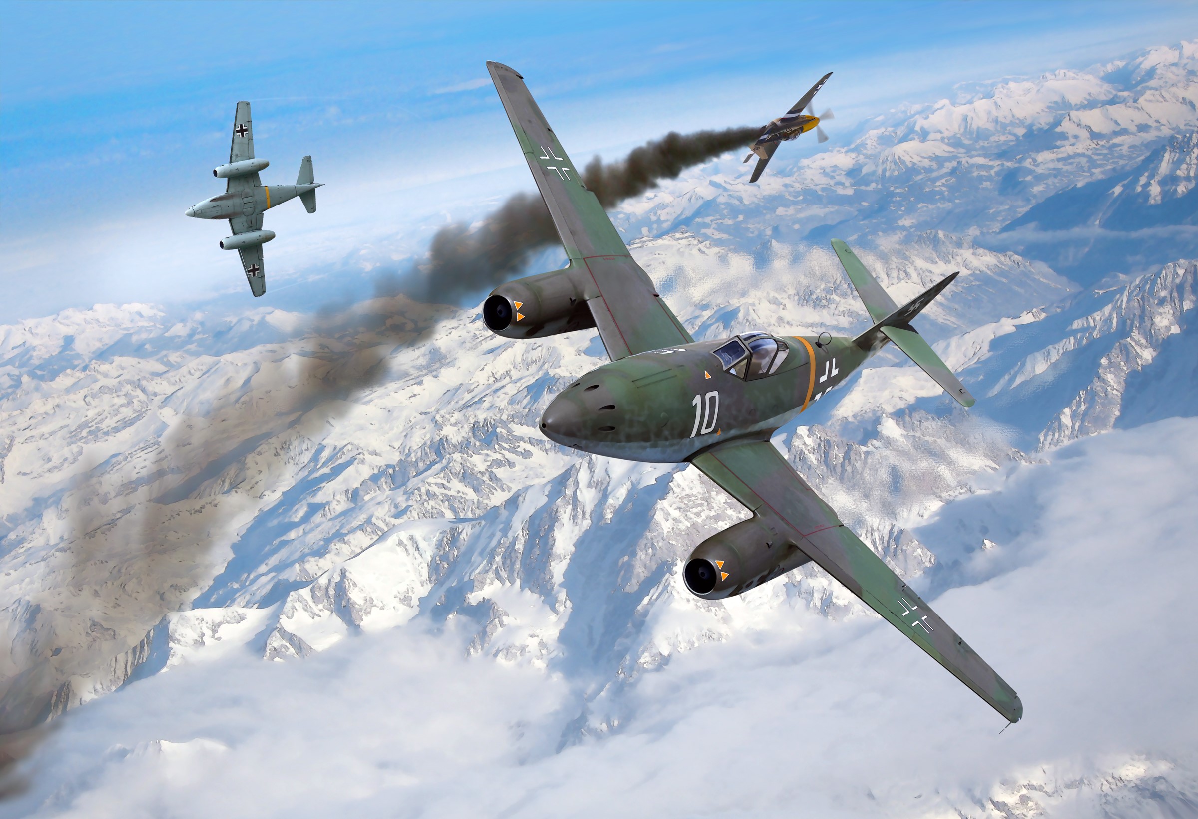 Messerschmitt Me 262 fighter jets in flight over mountains HD Wallpaper