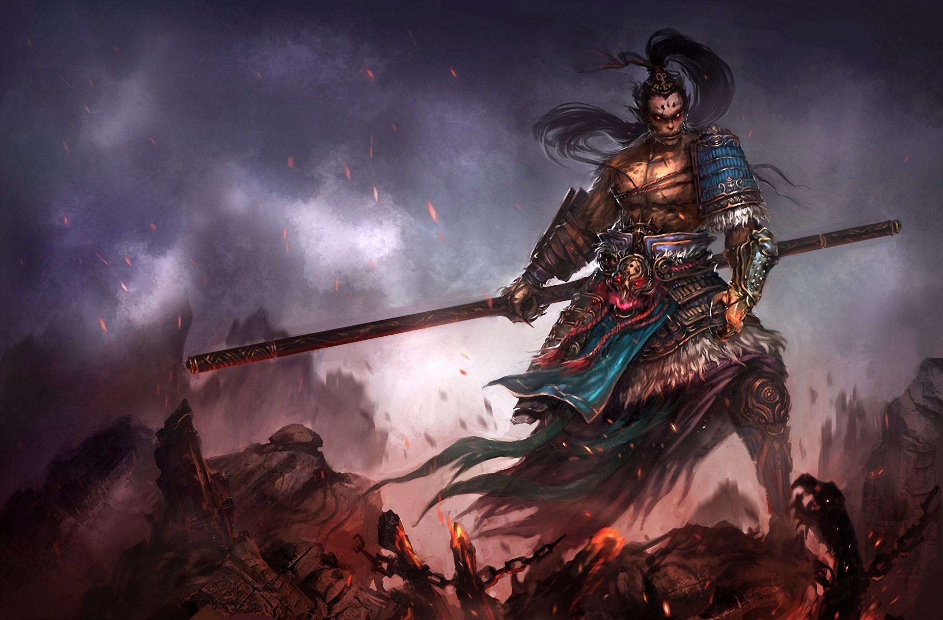 Warrior with swords in a fiery landscape HD Wallpaper