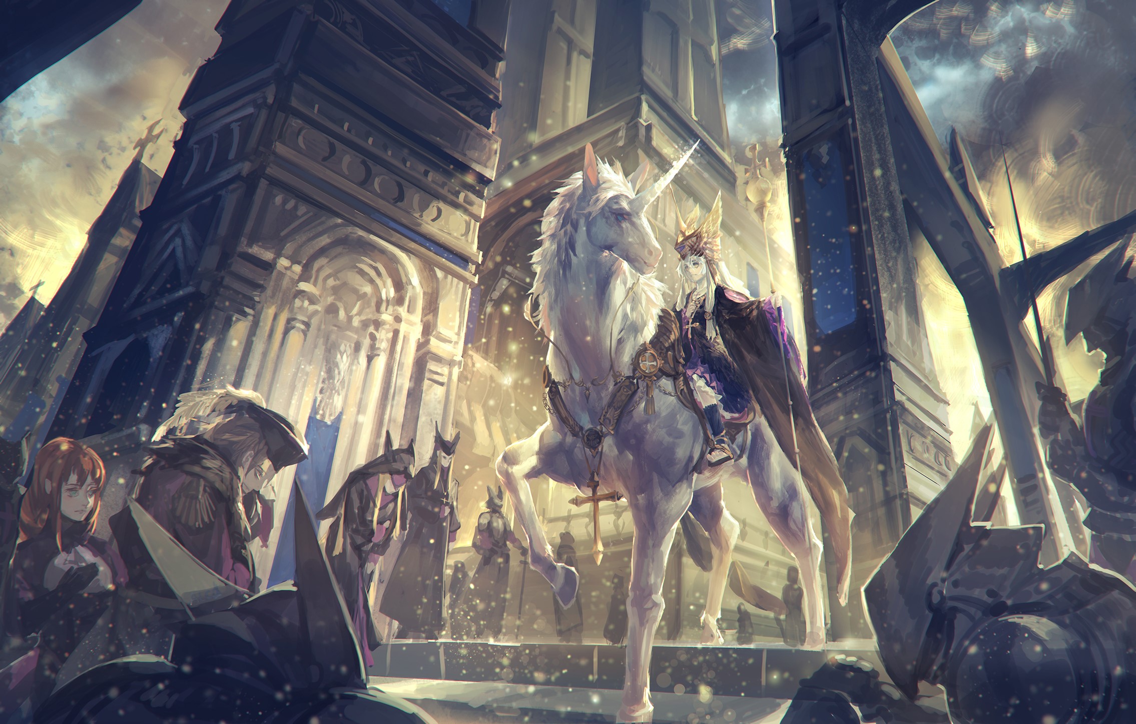 Person riding a unicorn in a fantasy city HD Wallpaper