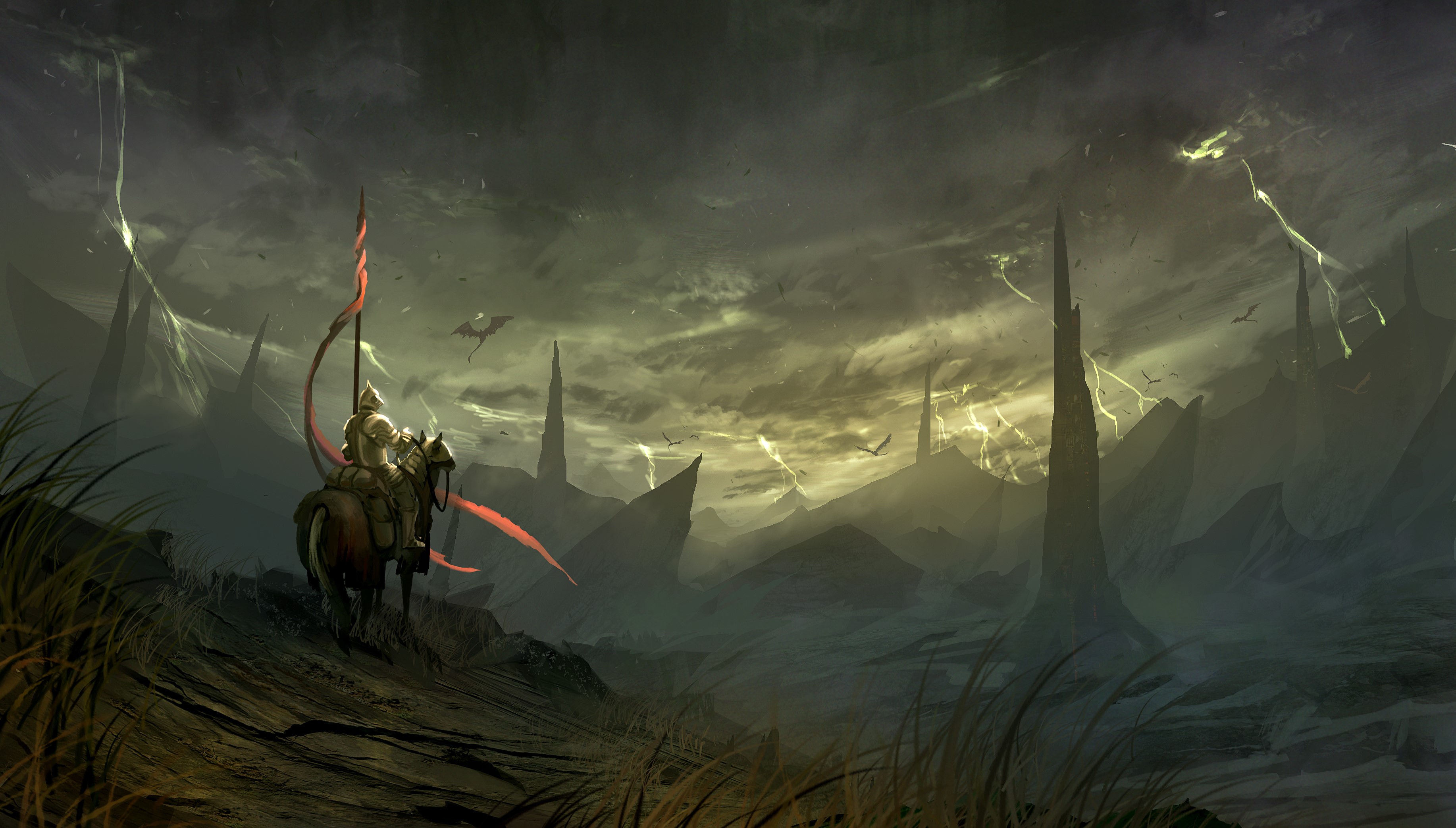 Knight on horseback in a fantasy landscape with dragons HD Wallpaper