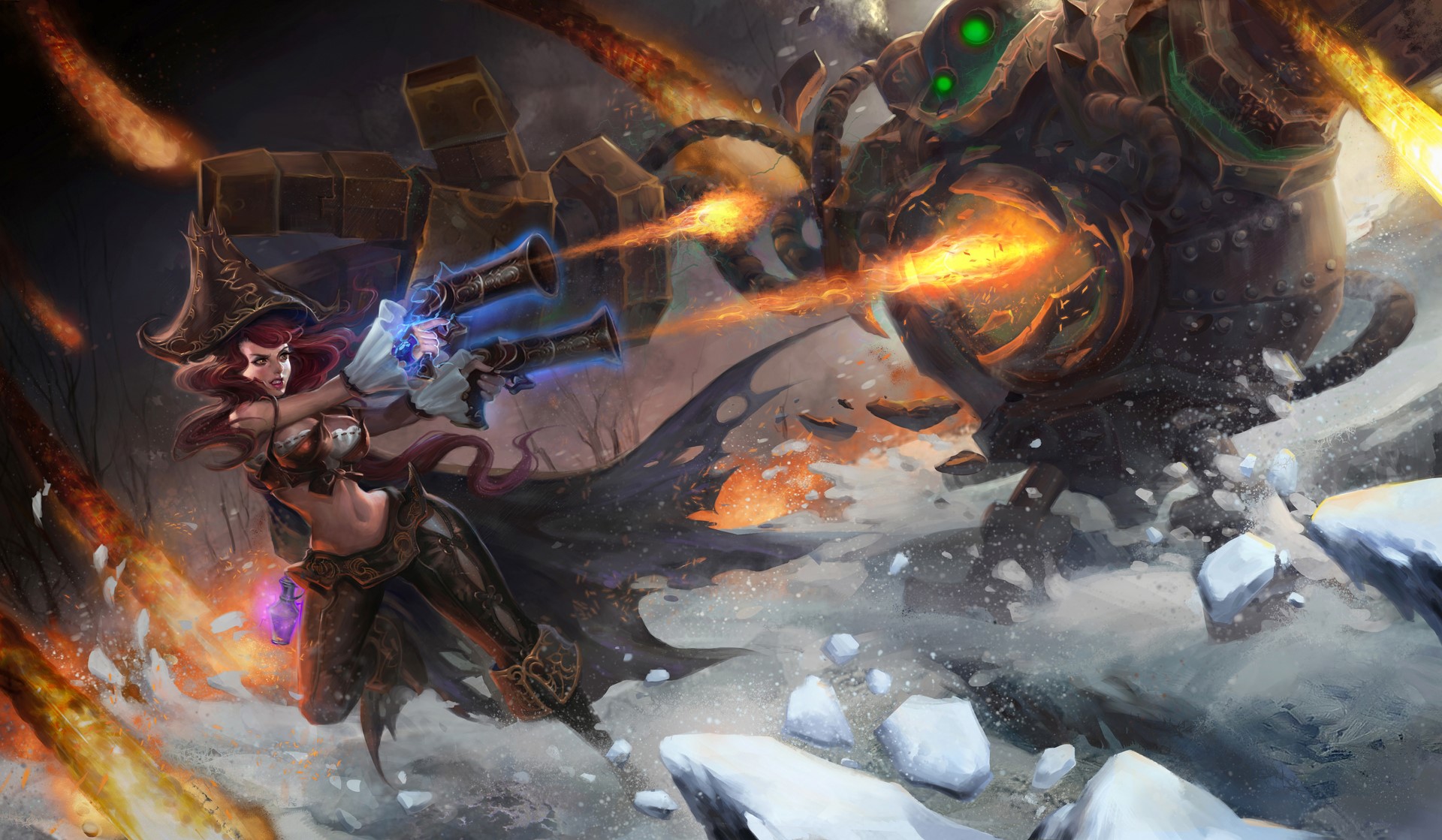 Miss Fortune from League of Legends fighting a large robot HD Wallpaper