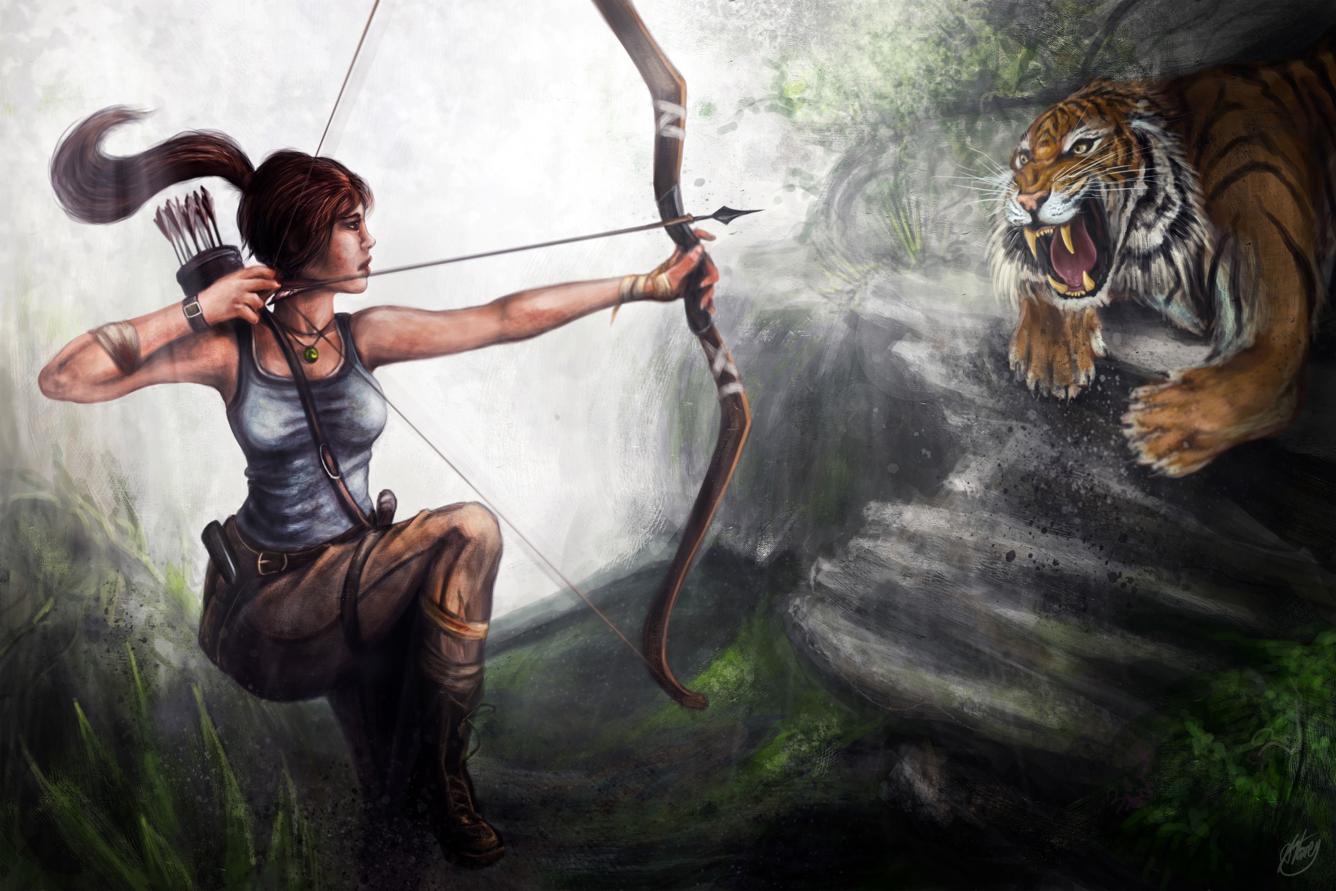 Lara Croft from Tomb Raider aiming bow at tiger HD Wallpaper