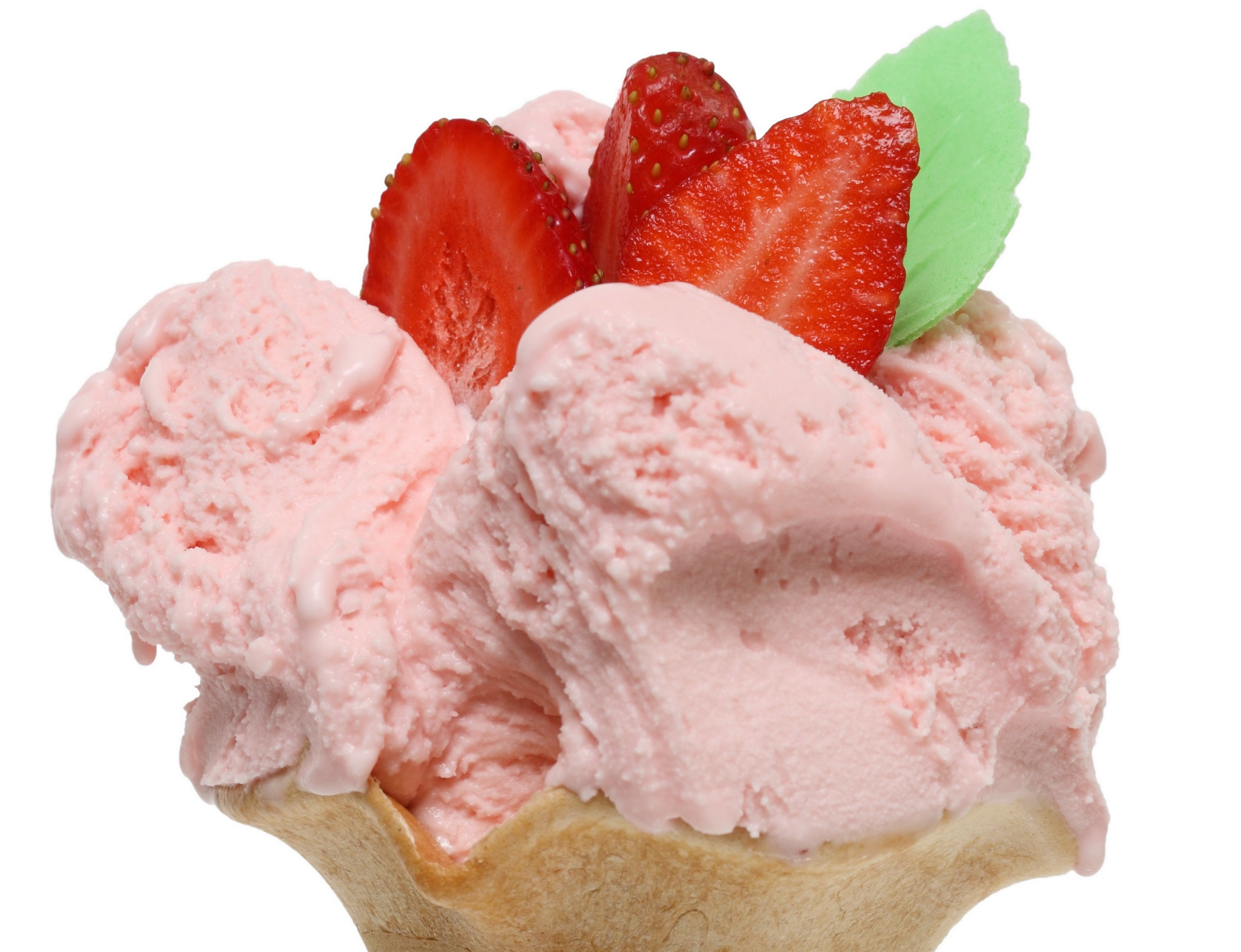 Strawberry ice cream in a cone with strawberries HD Wallpaper