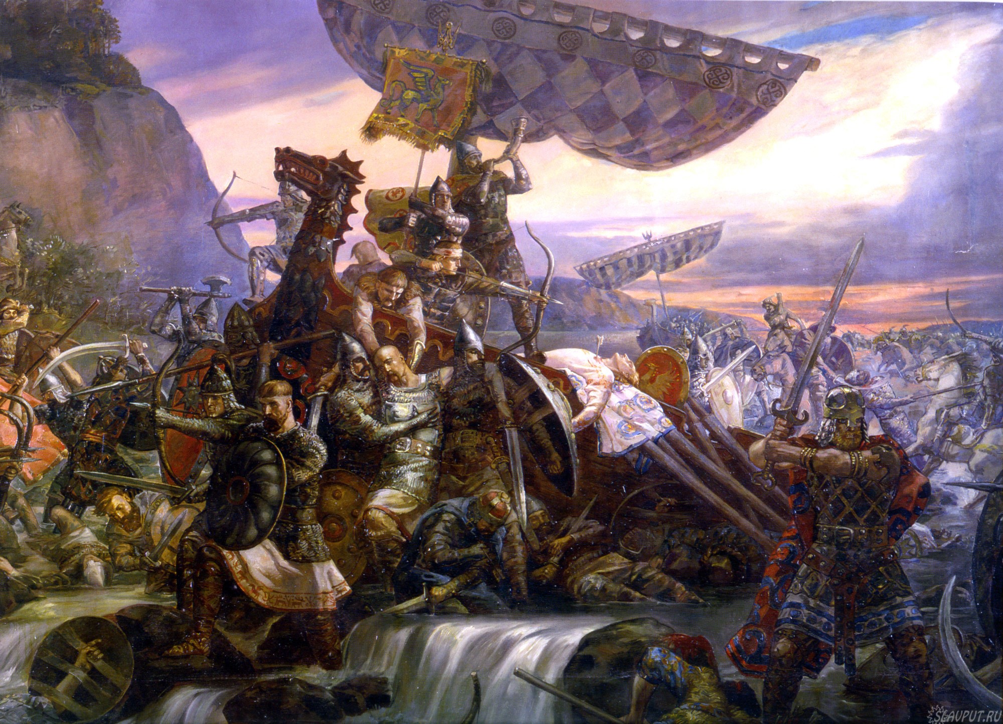 Battle of Viking ships with warriors in armor HD Wallpaper