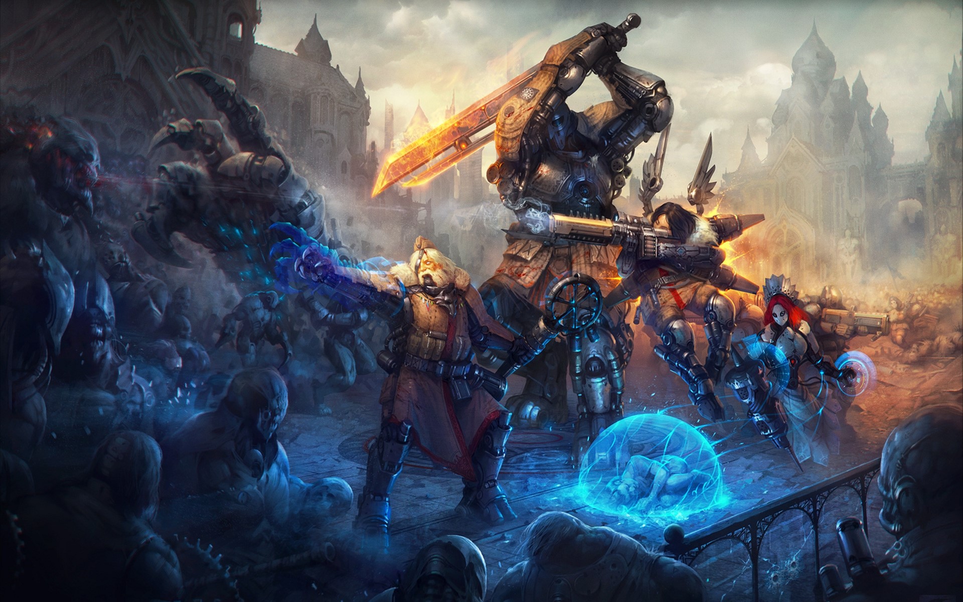 Warriors in armor fighting monsters in a ruined city HD Wallpaper