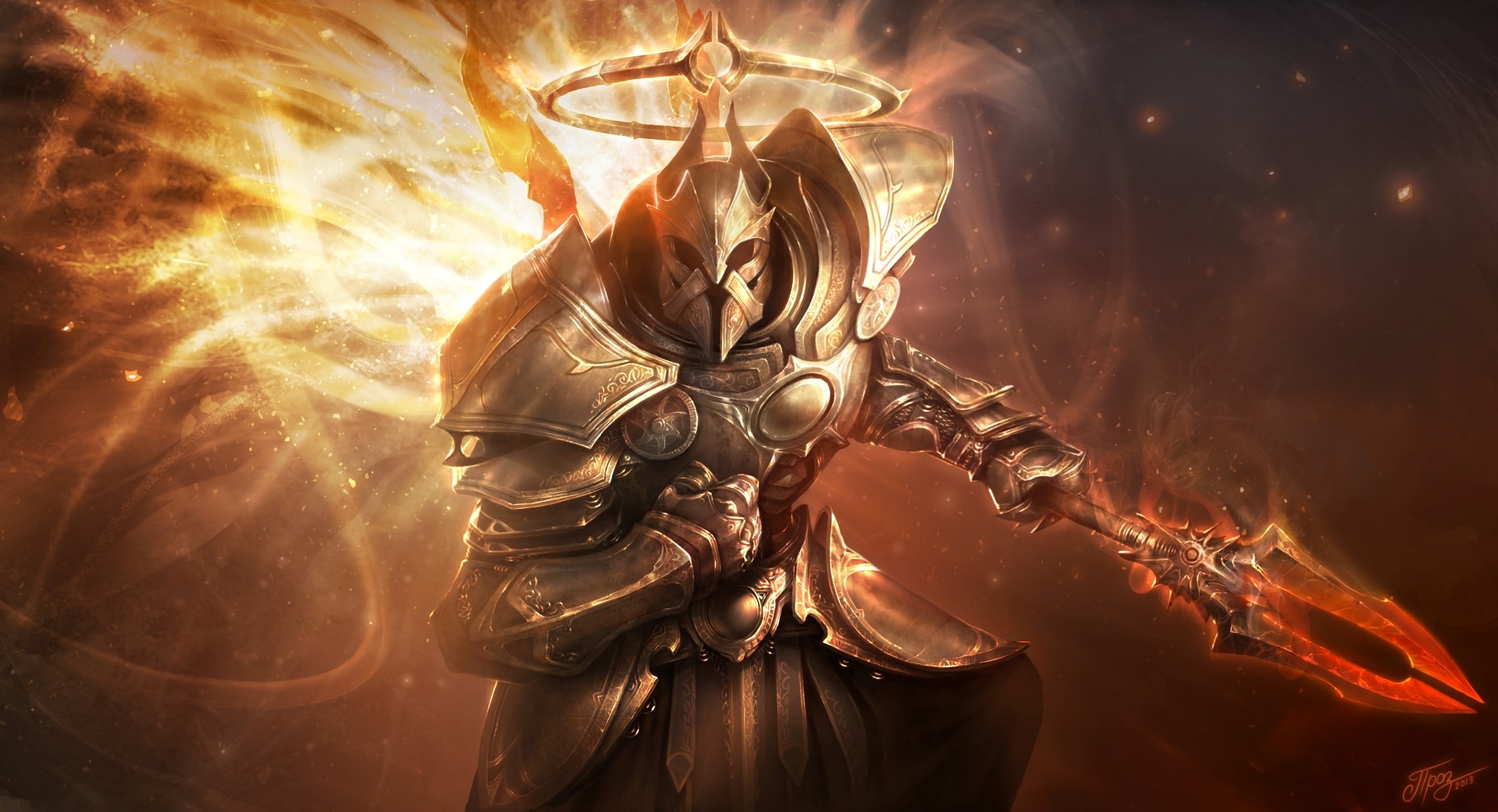 Golden Warrior with Halo and Fiery Spear HD Wallpaper