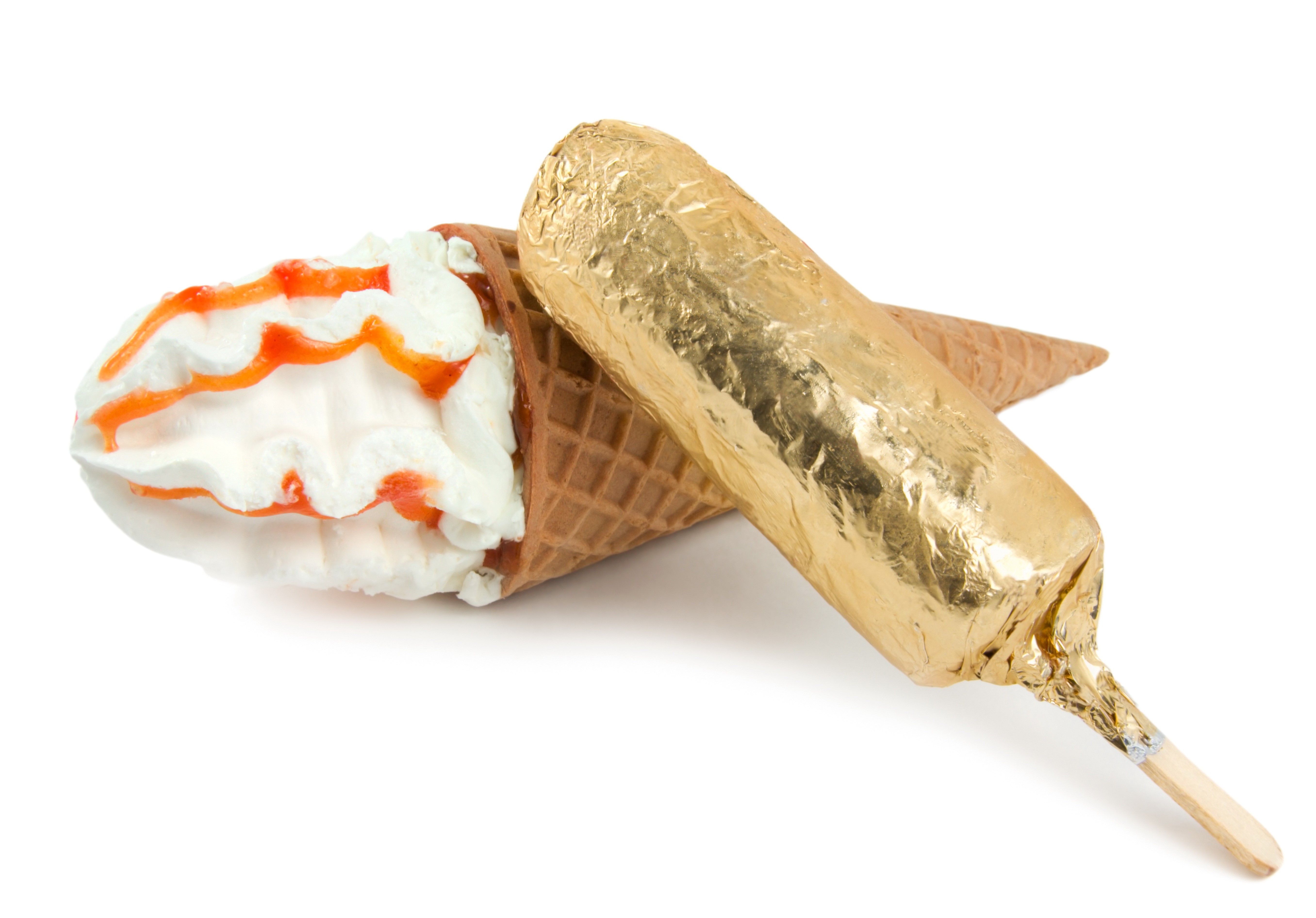 Ice cream cones with strawberry topping and golden wrapped popsicle HD Wallpaper