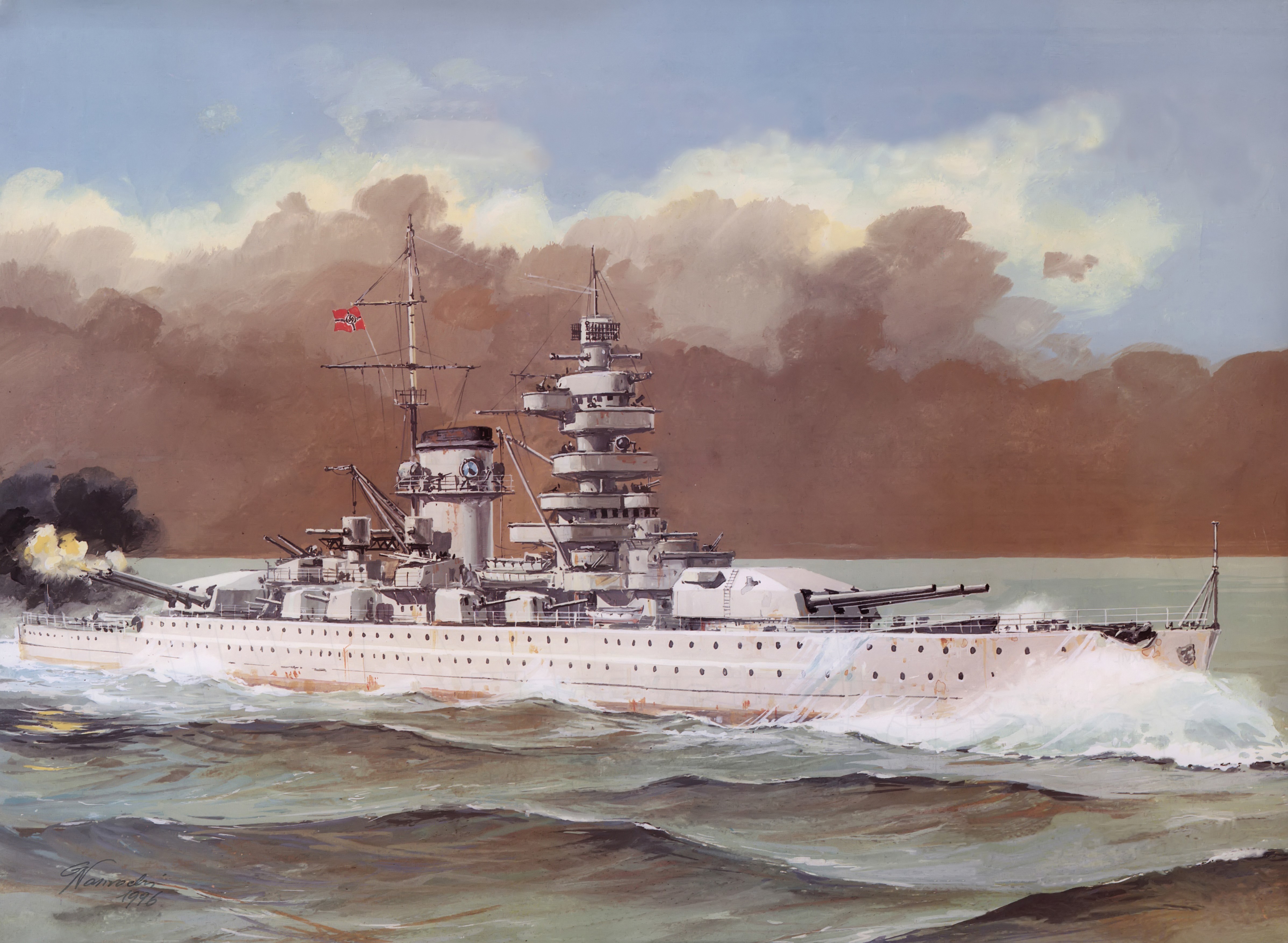 Painting of Admiral Scheer P battleship firing guns HD Wallpaper