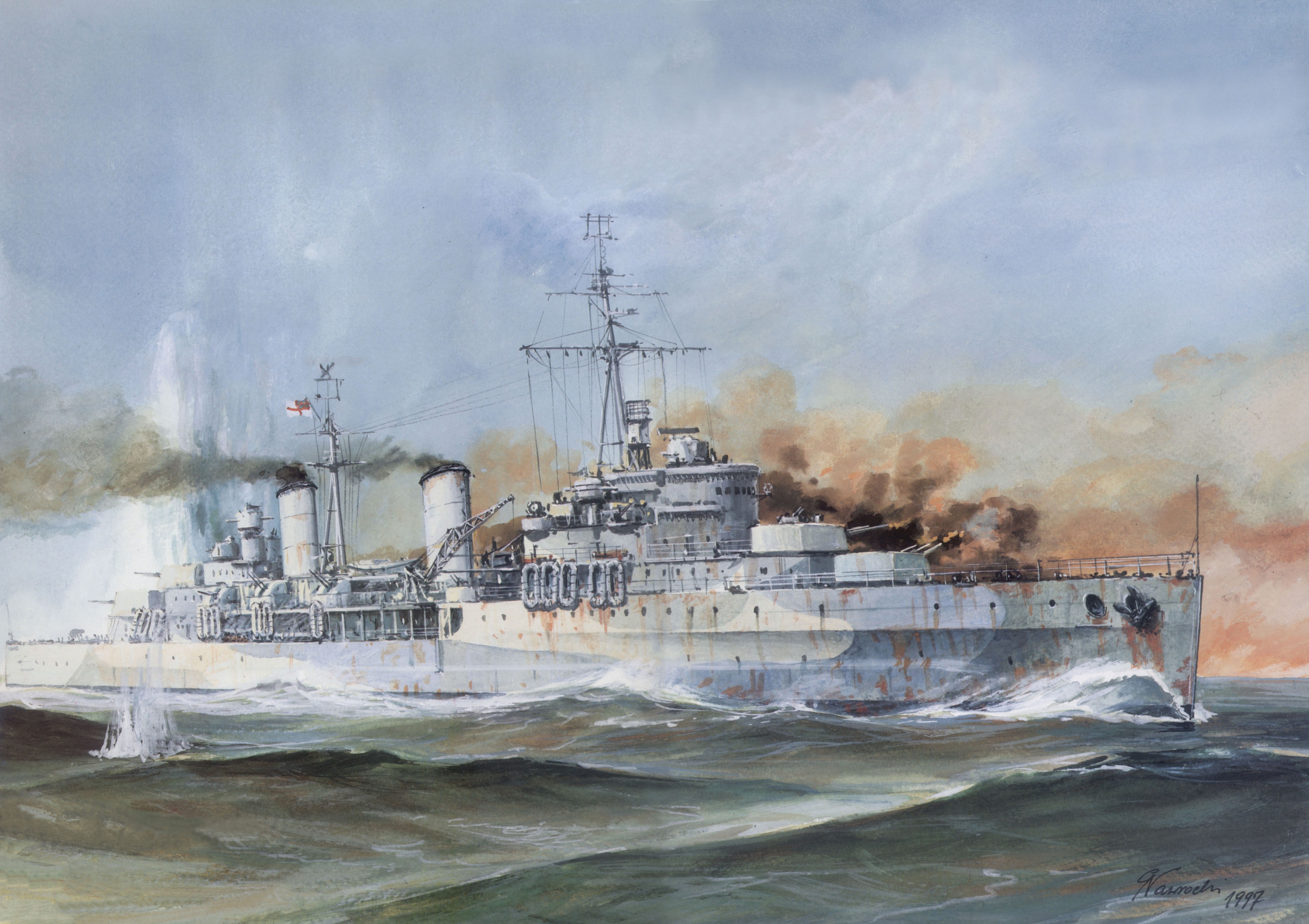 Painting of HMS Belfast in battle HD Wallpaper