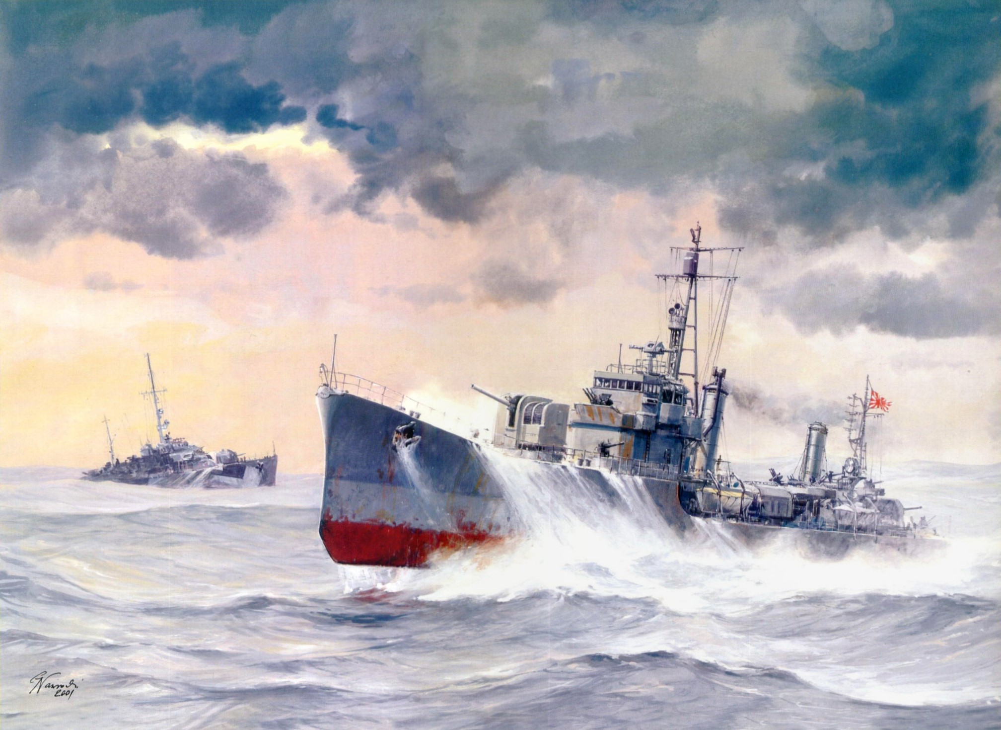 Painting of USS Jaccard and IJN Matsu in rough seas HD Wallpaper