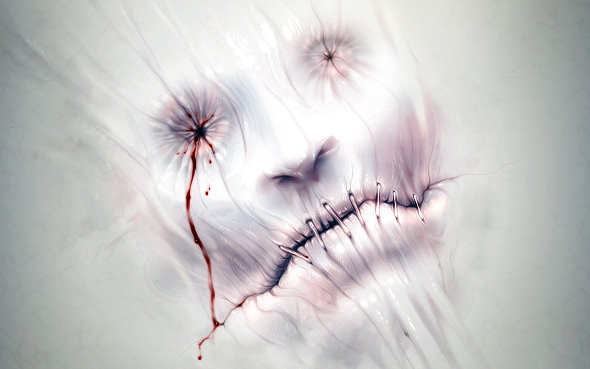 Disturbing stitched face with bloody eyes HD Wallpaper