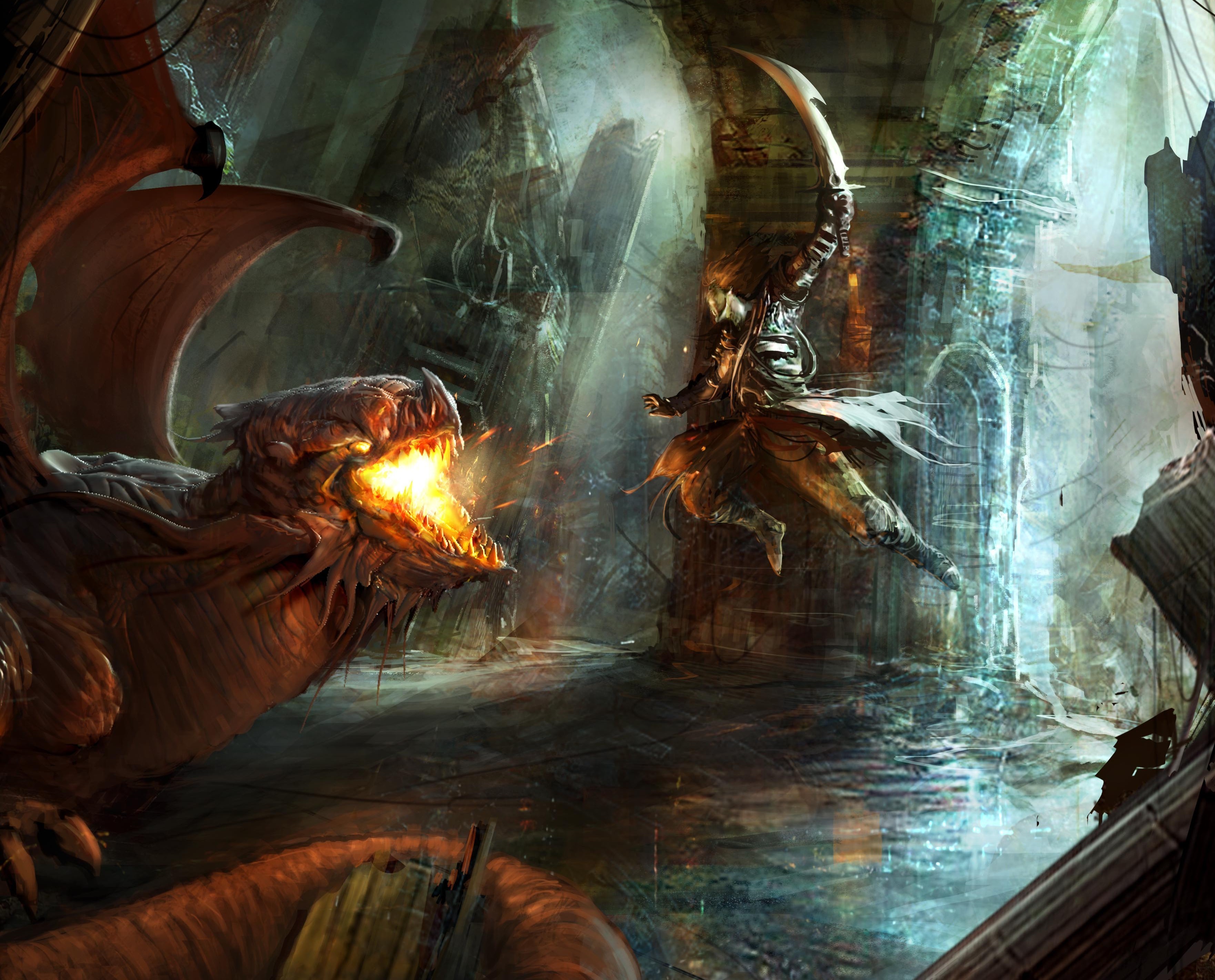 Warrior battles a fire-breathing dragon in ancient ruins HD Wallpaper