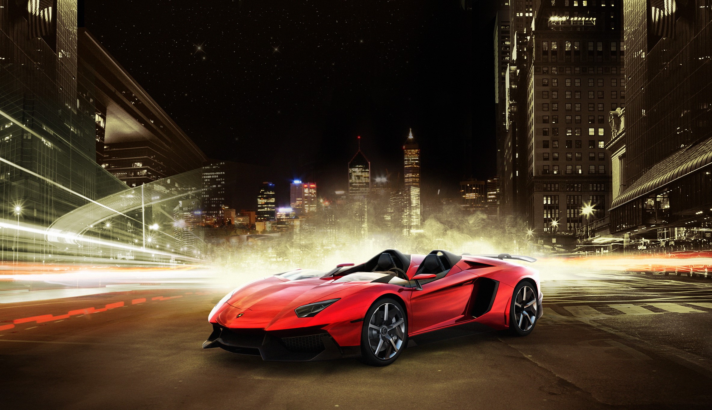 Red Lamborghini Aventador J Cabriolet in a City at Night HD Wallpaper