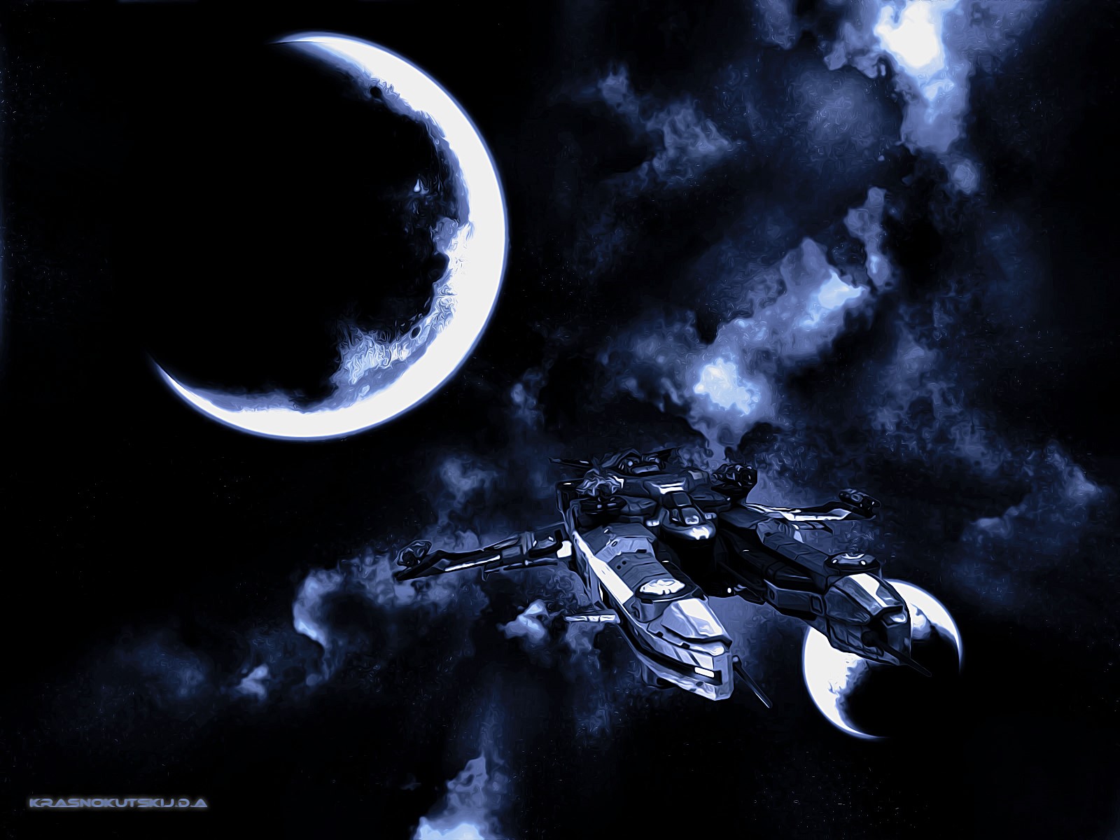 Spaceship flying near crescent moons in Star Conflict HD Wallpaper