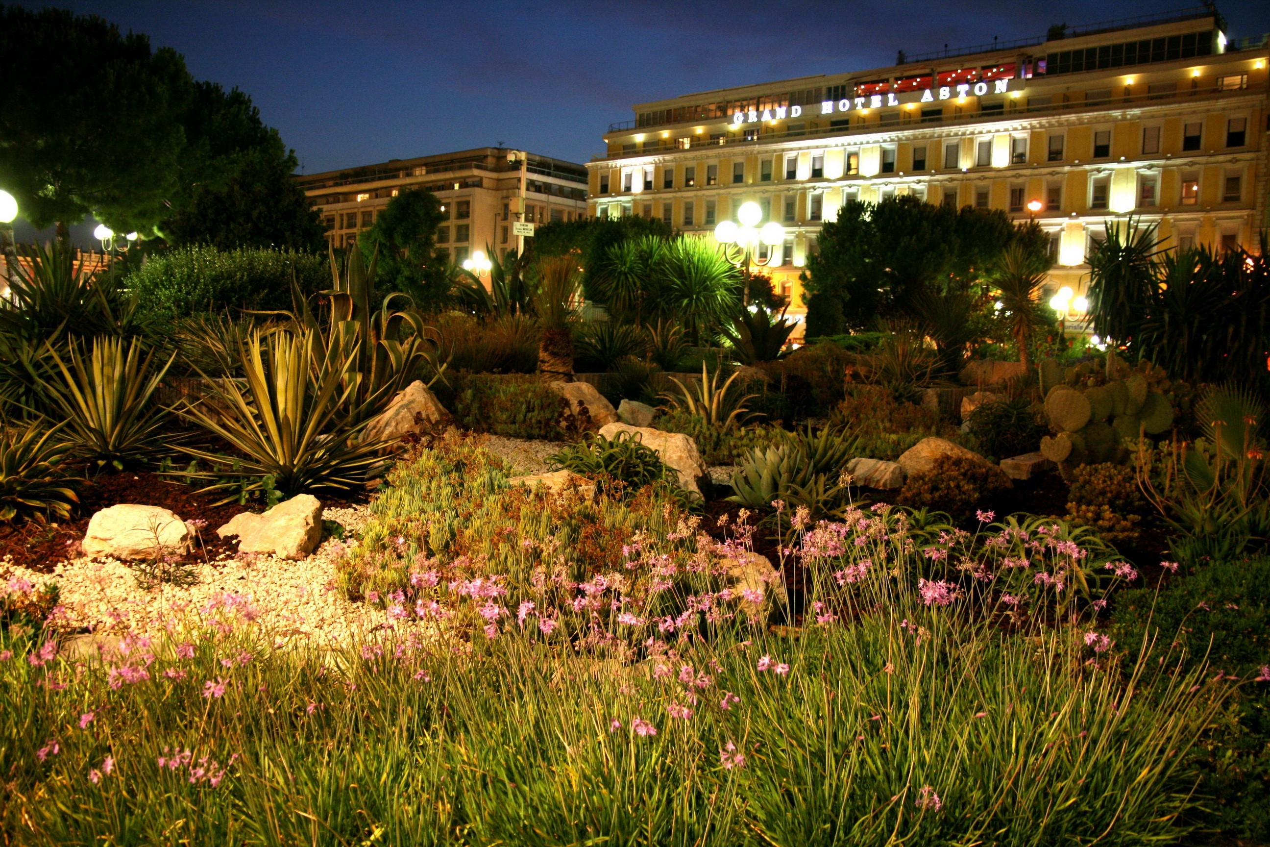 Grand Hotel Aston in Nice, France at night HD Wallpaper