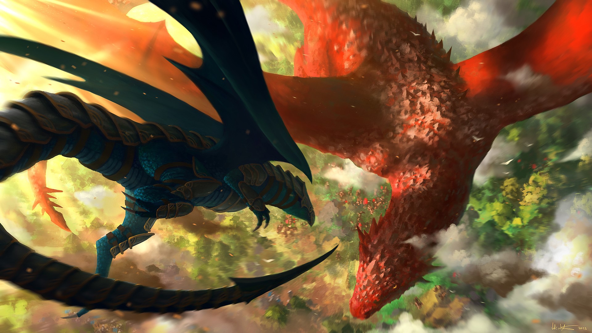 Two dragons fighting in the sky over a forest HD Wallpaper