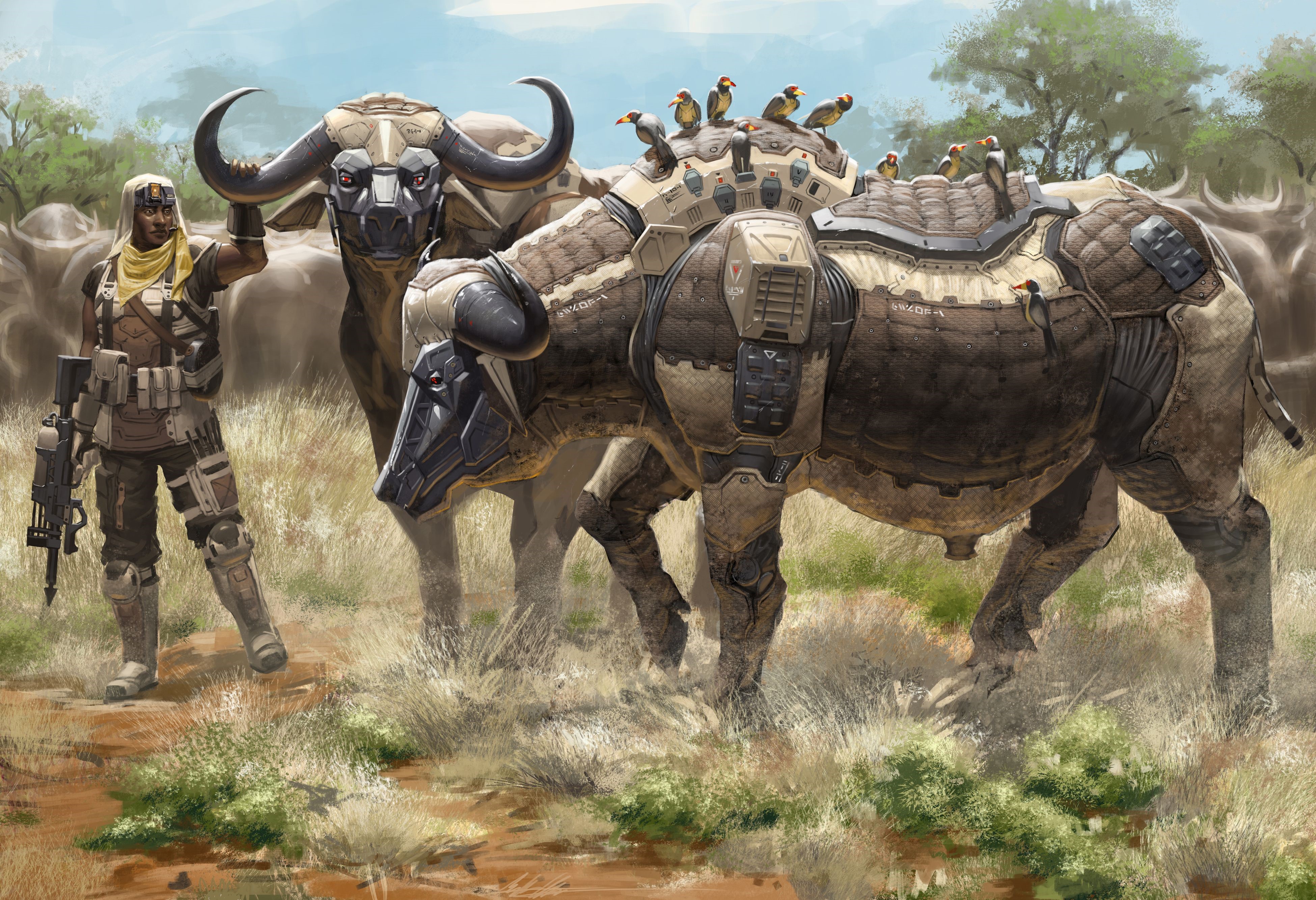 Warrior with cyborg buffaloes in savanna HD Wallpaper