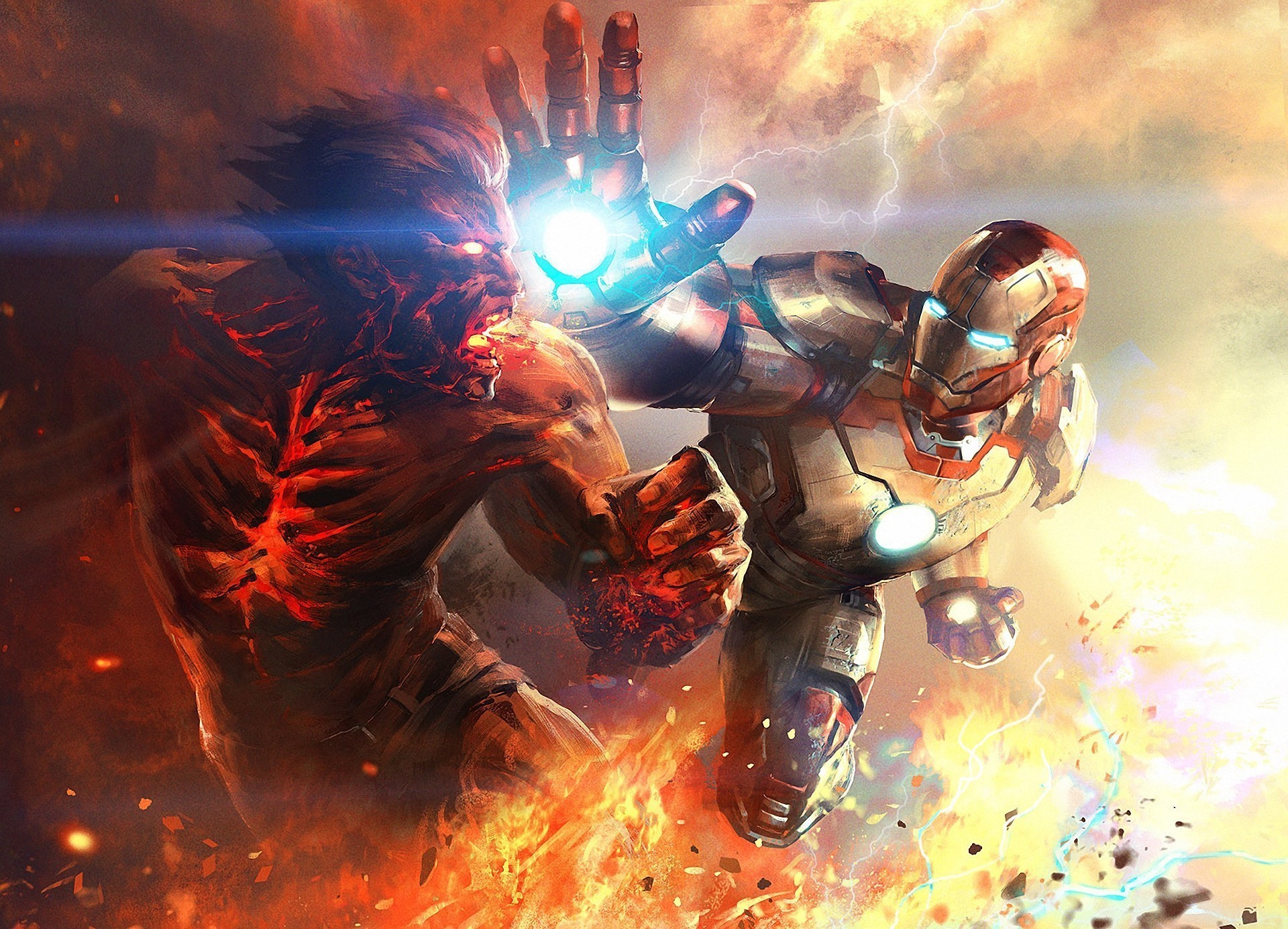 Iron Man fighting a fiery monster HD Wallpaper