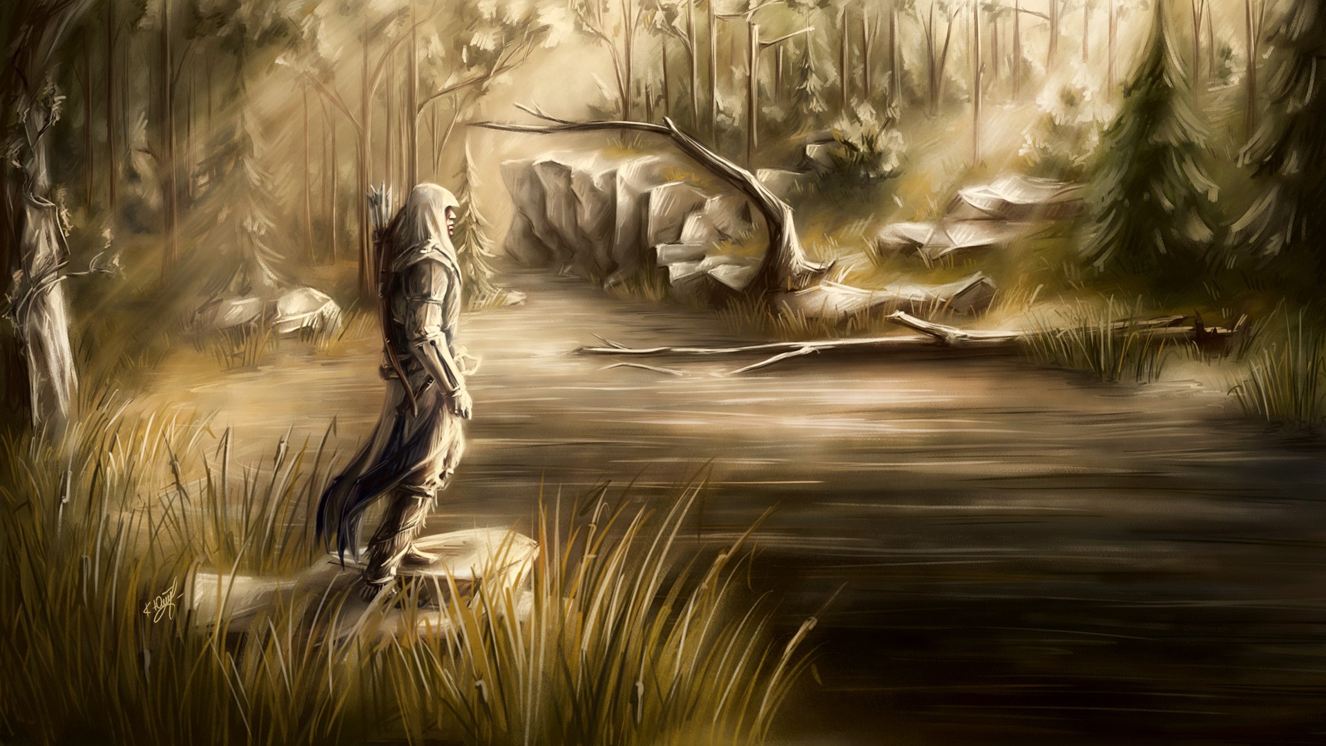 Assassin from Assassin's Creed 3 in a forest painting HD Wallpaper