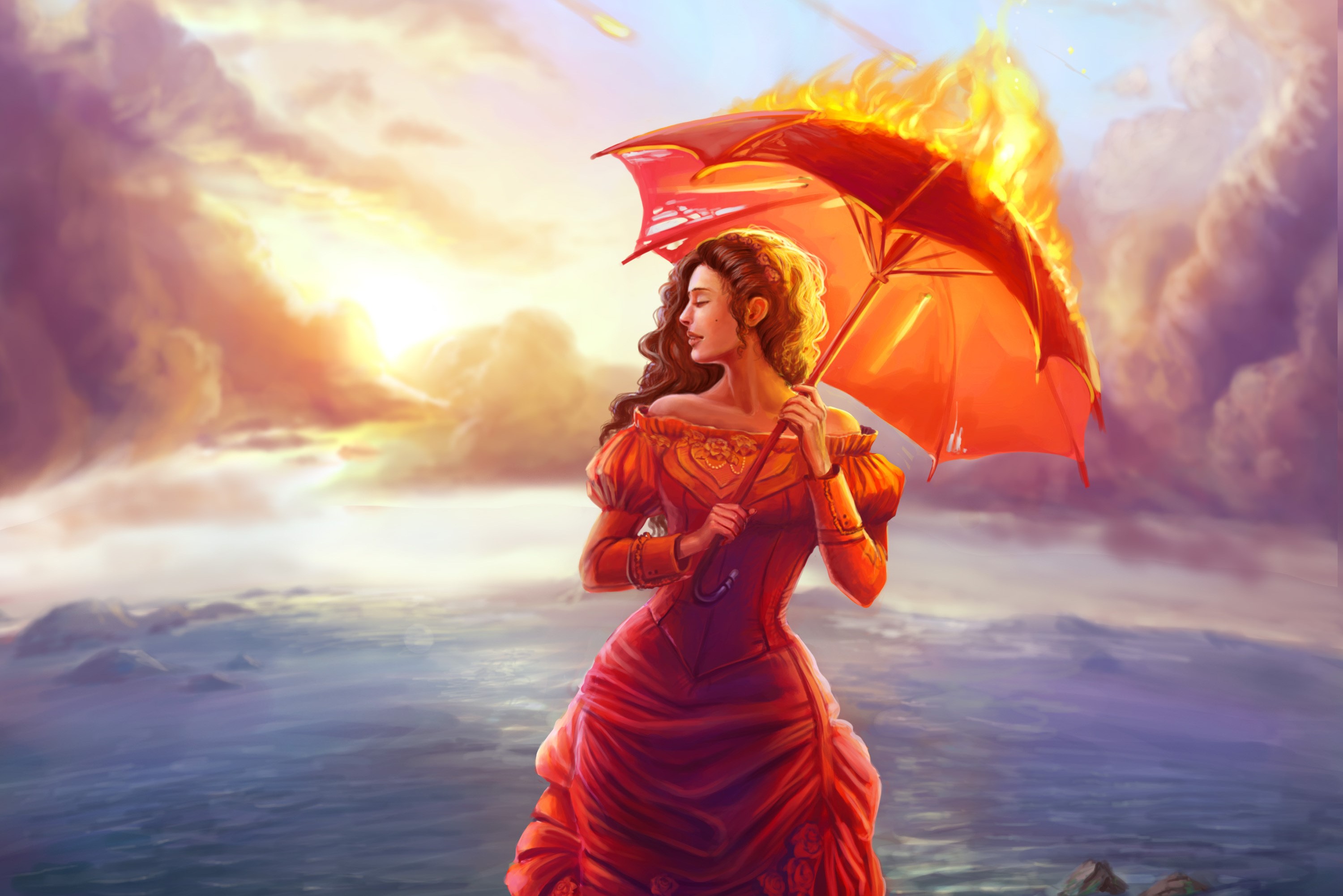 Woman with flaming umbrella over water HD Wallpaper