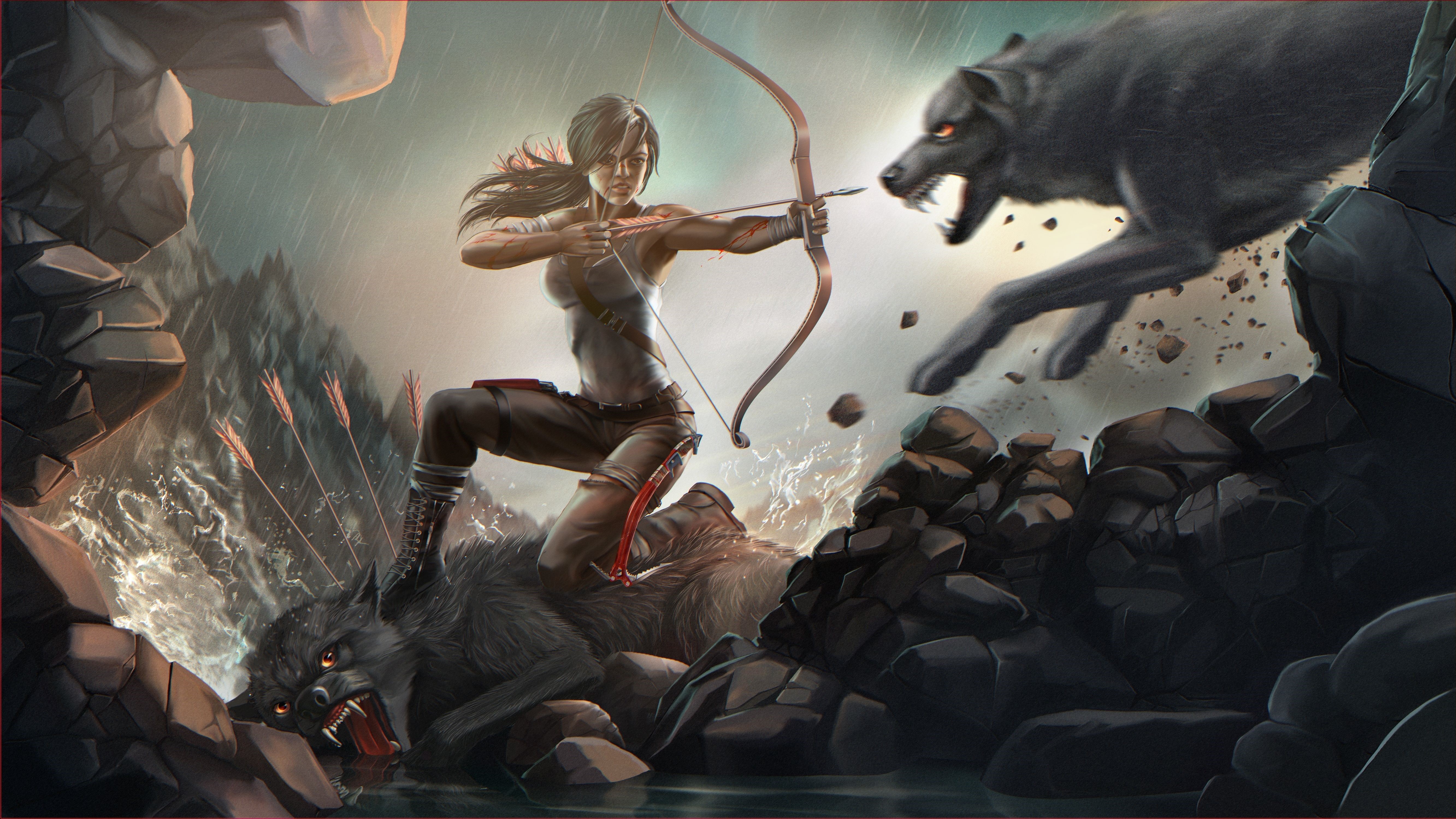 Lara Croft from Tomb Raider fighting wolves HD Wallpaper