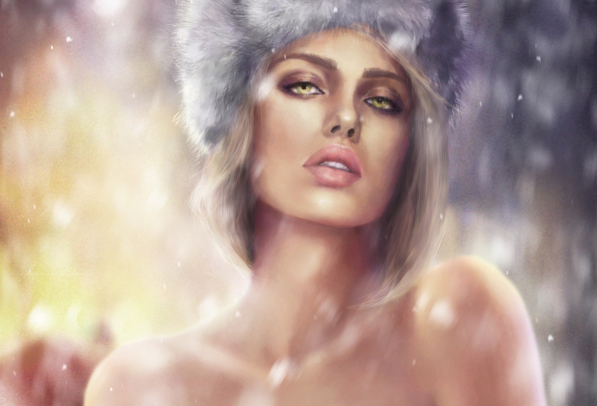 Woman in fur hat looking over shoulder HD Wallpaper