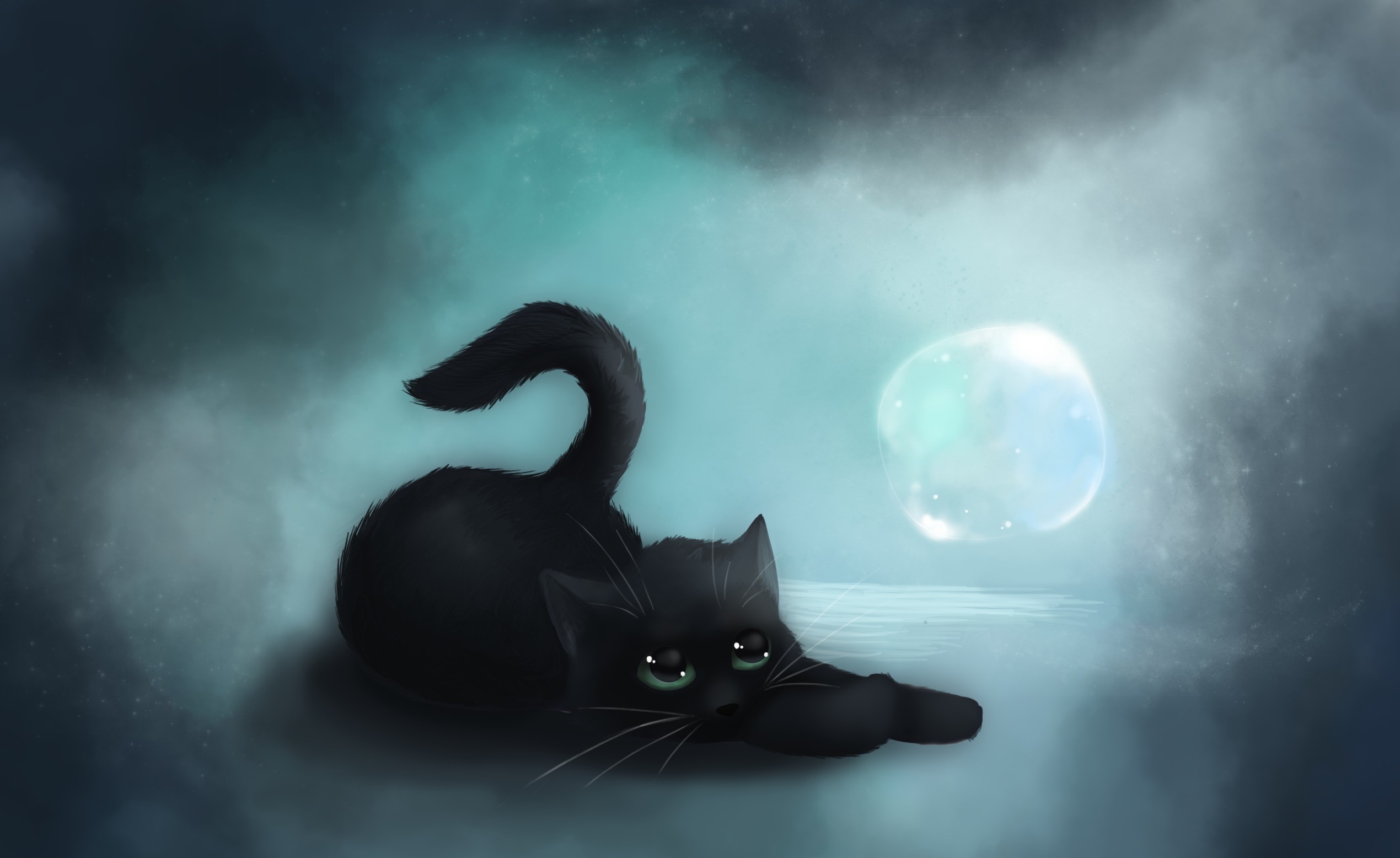 Black cat stretching in front of a glowing orb HD Wallpaper