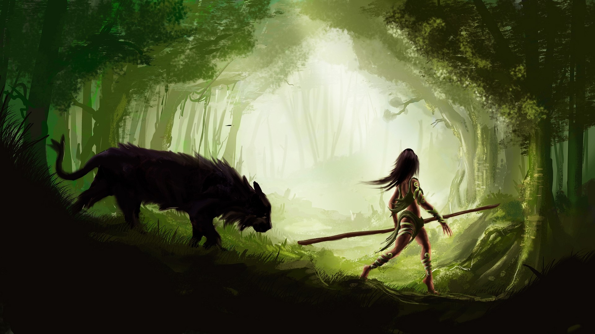 Warrior and beast in a forest HD Wallpaper