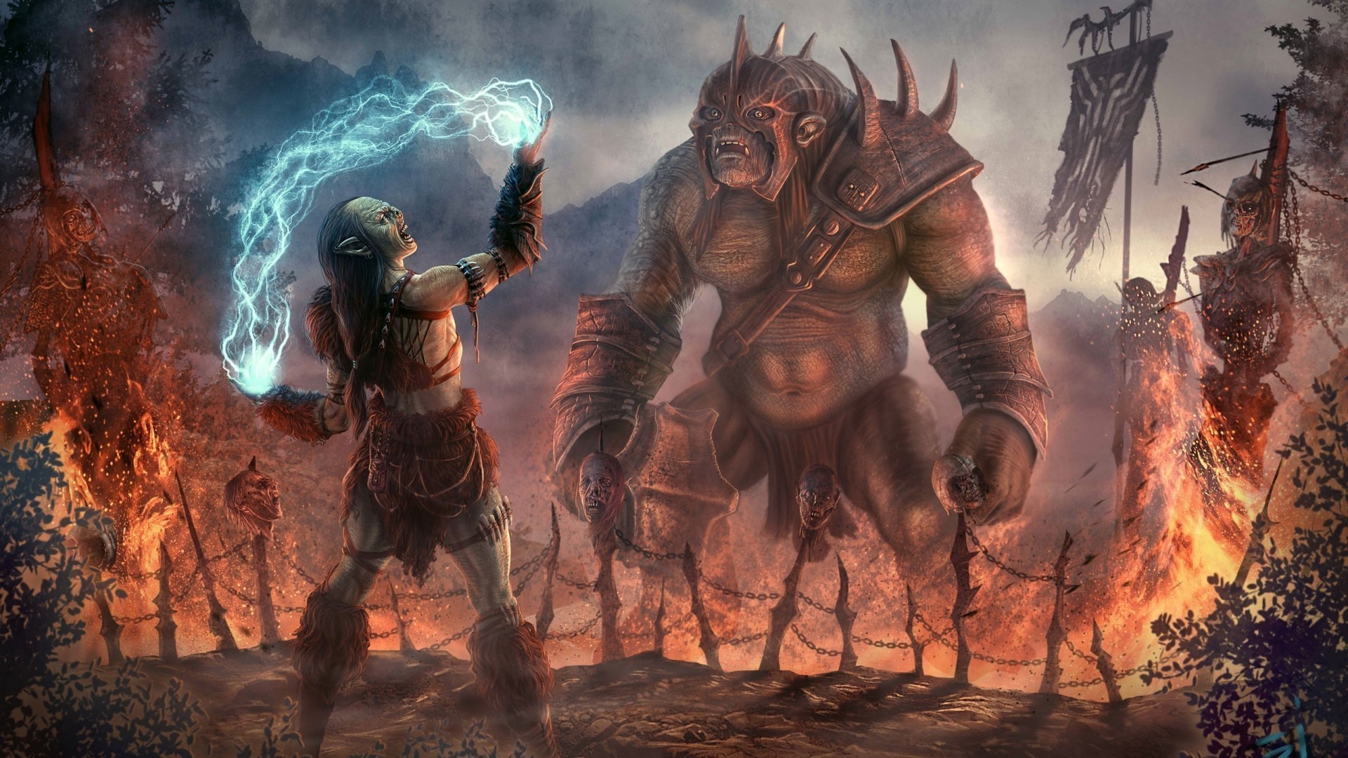 Orc shaman casting lightning at a giant orc HD Wallpaper