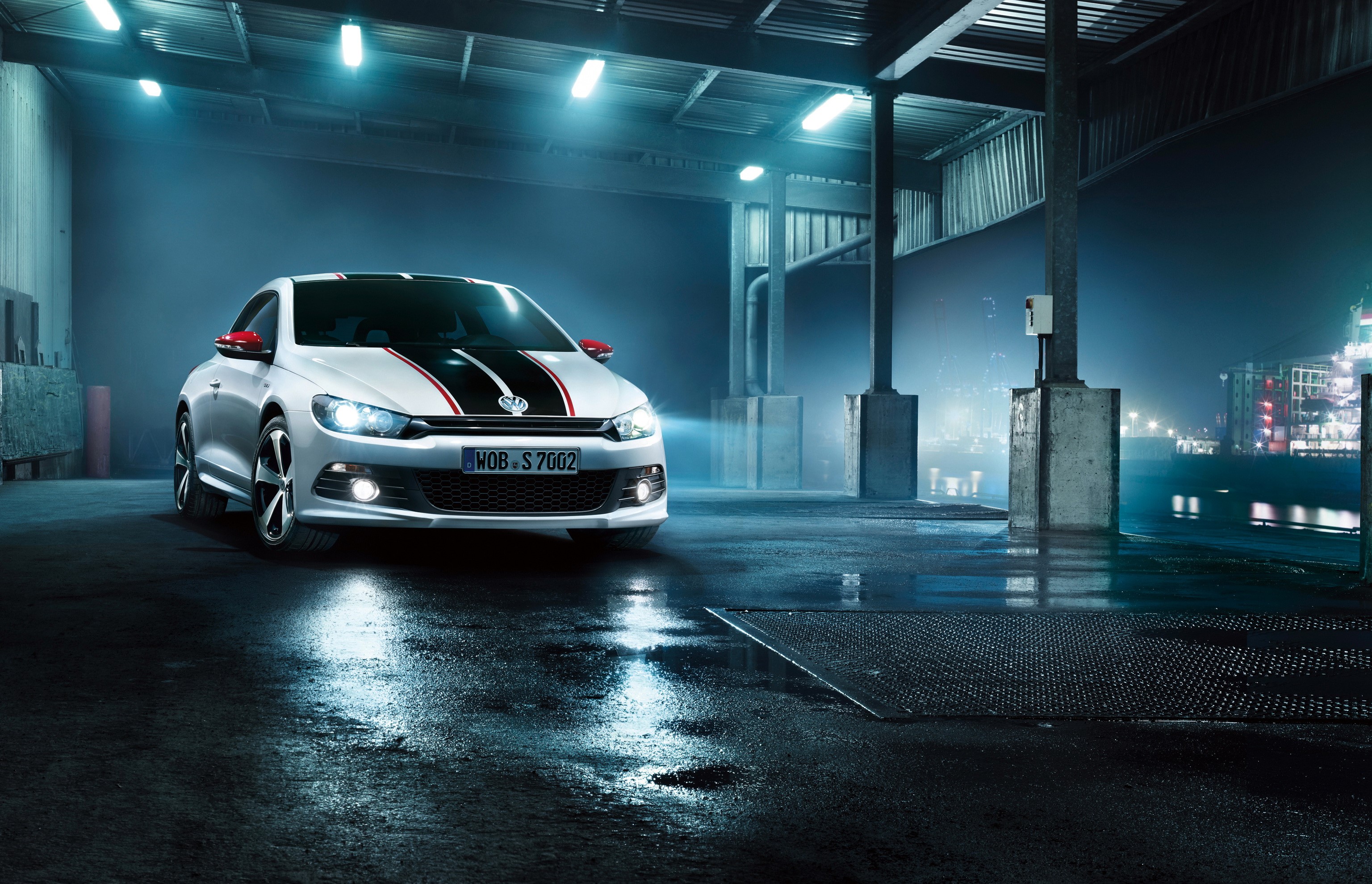 White Volkswagen Scirocco GTS with racing stripes HD Wallpaper