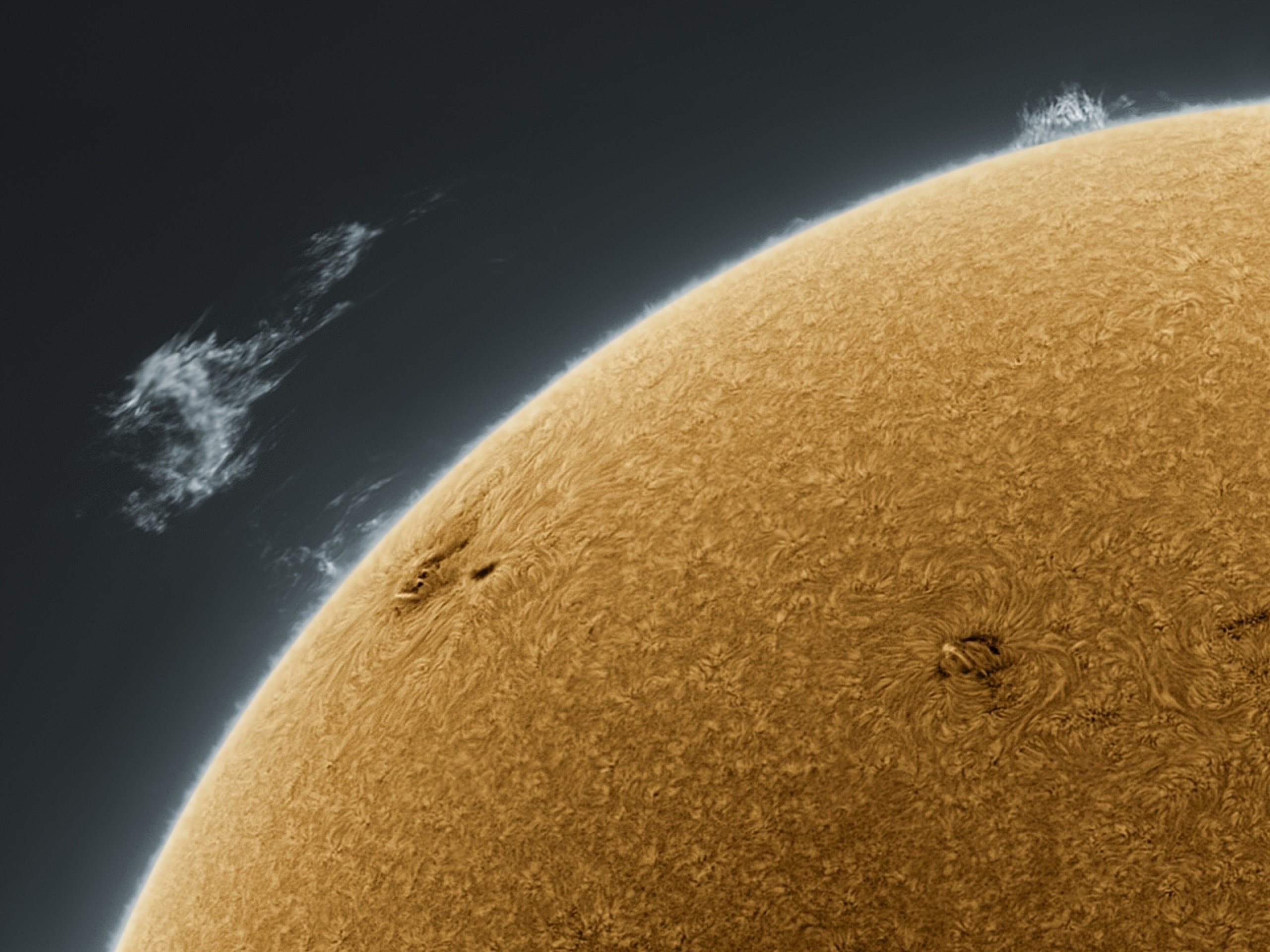 The Sun with prominences and sunspots HD Wallpaper