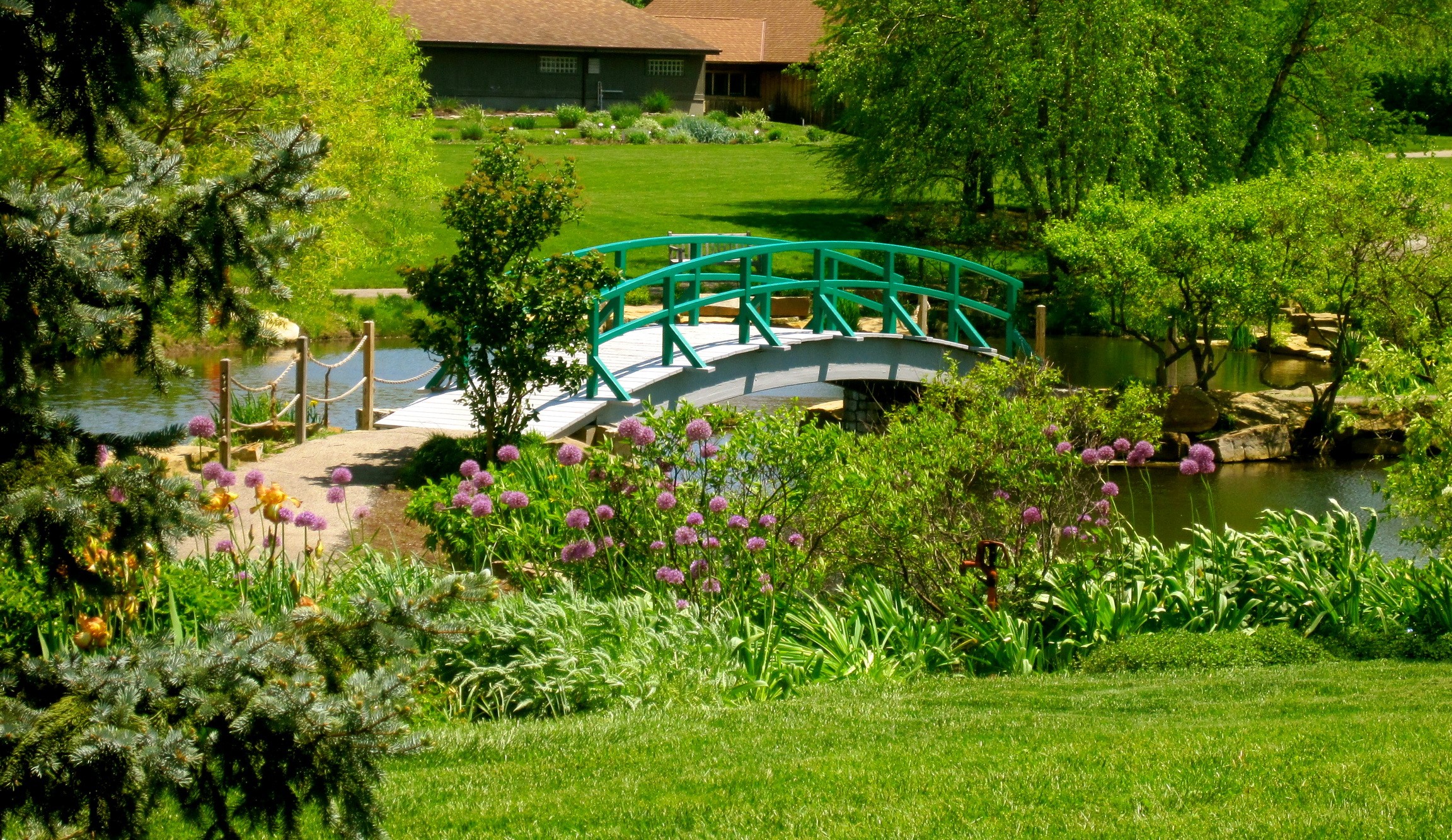 Cox Arboretum Gardens with a bridge over water HD Wallpaper