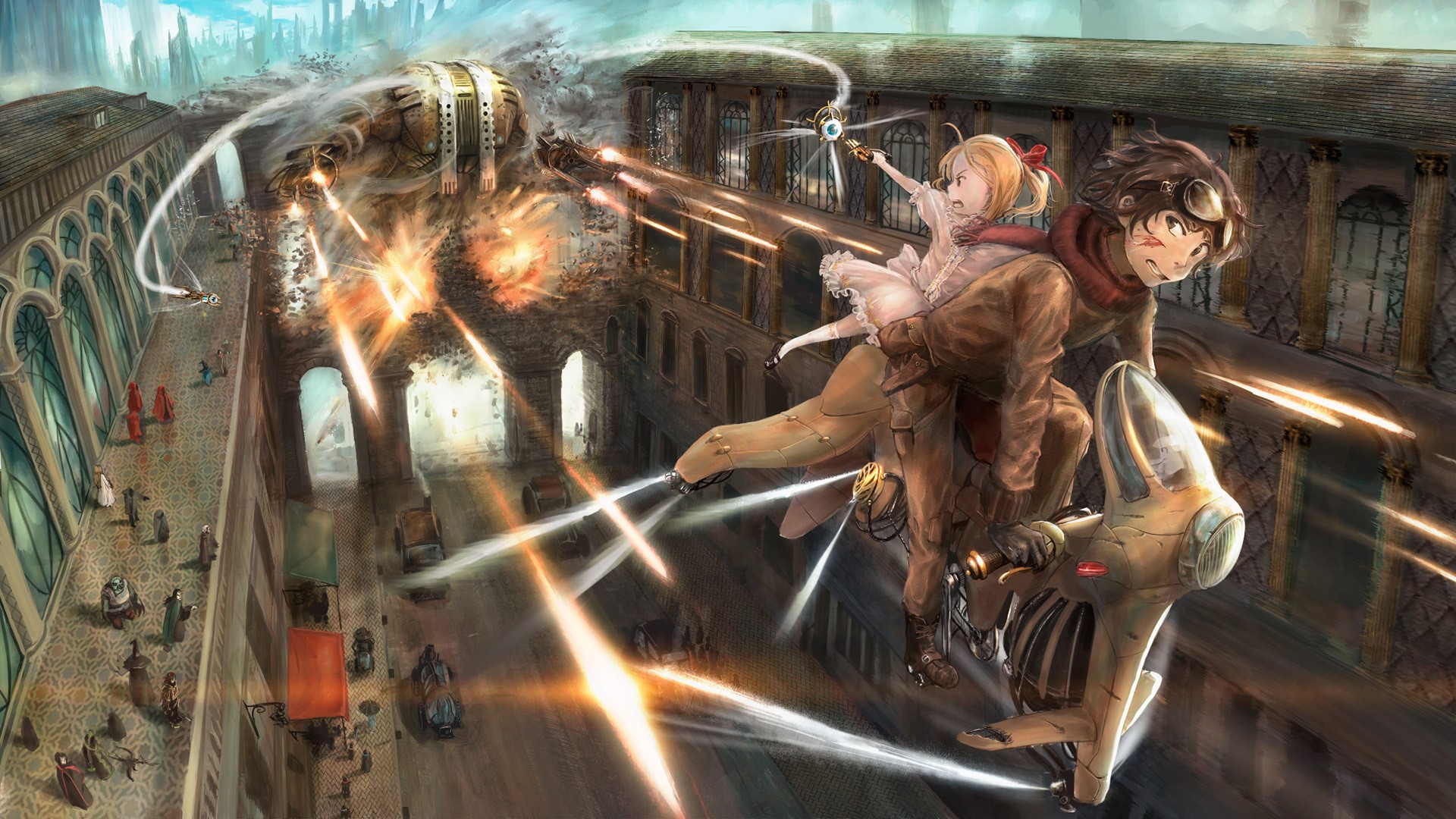 Young man and girl riding a steampunk vehicle in battle HD Wallpaper