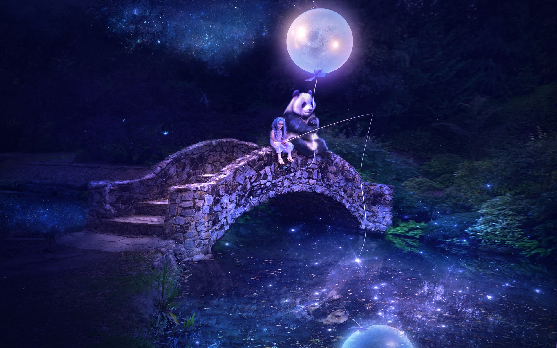 Panda and girl fishing under the moon on a bridge HD Wallpaper