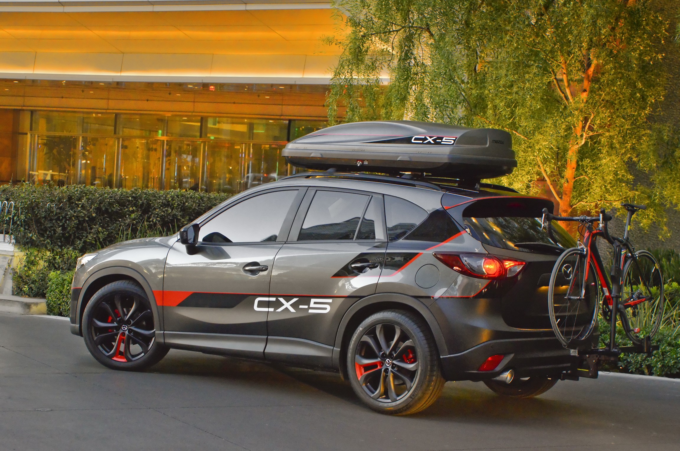 Mazda CX-5 with bike rack and cargo box HD Wallpaper